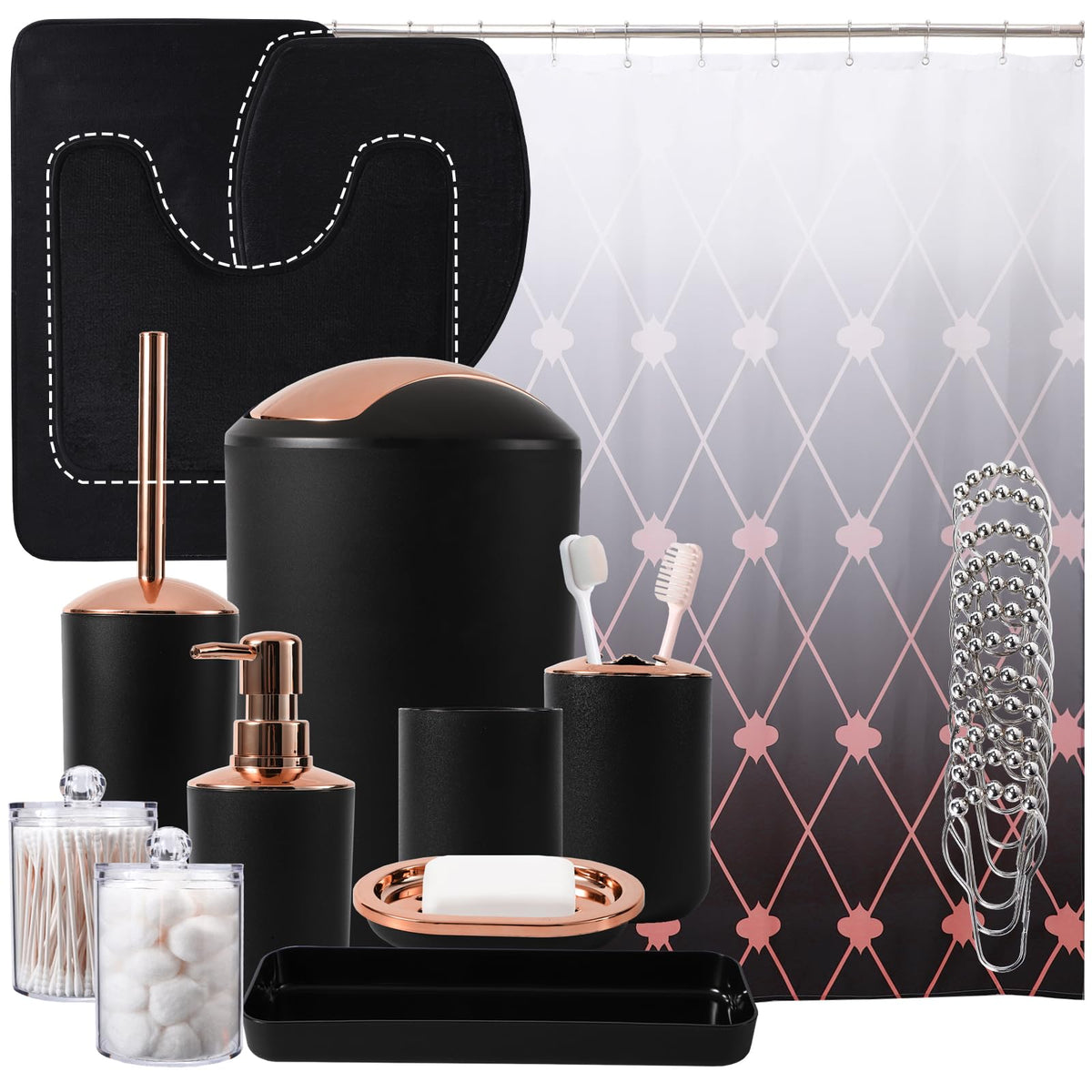 25Pc Black Bathroom Set With Shower Curtain And Rugs, Complete Bath Accessories - Trash Can, Soap Dispenser, Soap Dish, Toilet B
