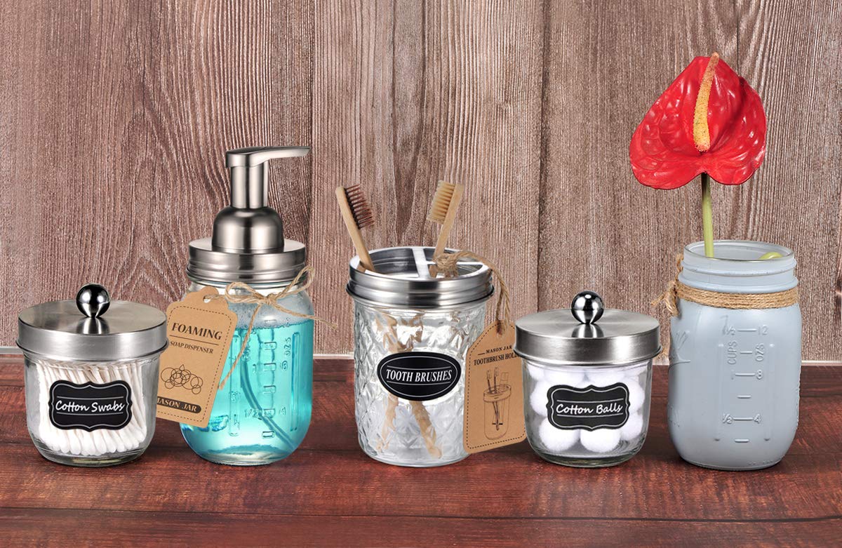 Mason Jar Foaming Soap Dispenser -Rustproof Stainless Steel Lid/BPA Free Foam Pump-Waterproof Chalkboard Labels-Farmhouse Decor Bathroom Accessories Refillable &Eco Friendly -Brushed Nickel (2 Pack)