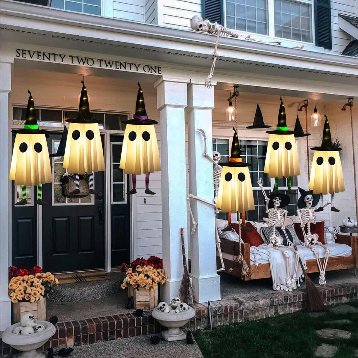 Set of 4 Halloween Hanging Ghosts, Halloween Decorations Outdoor Hanging Ghosts with Witch Hat,Glowing Ghost Witch Hat Lights, L