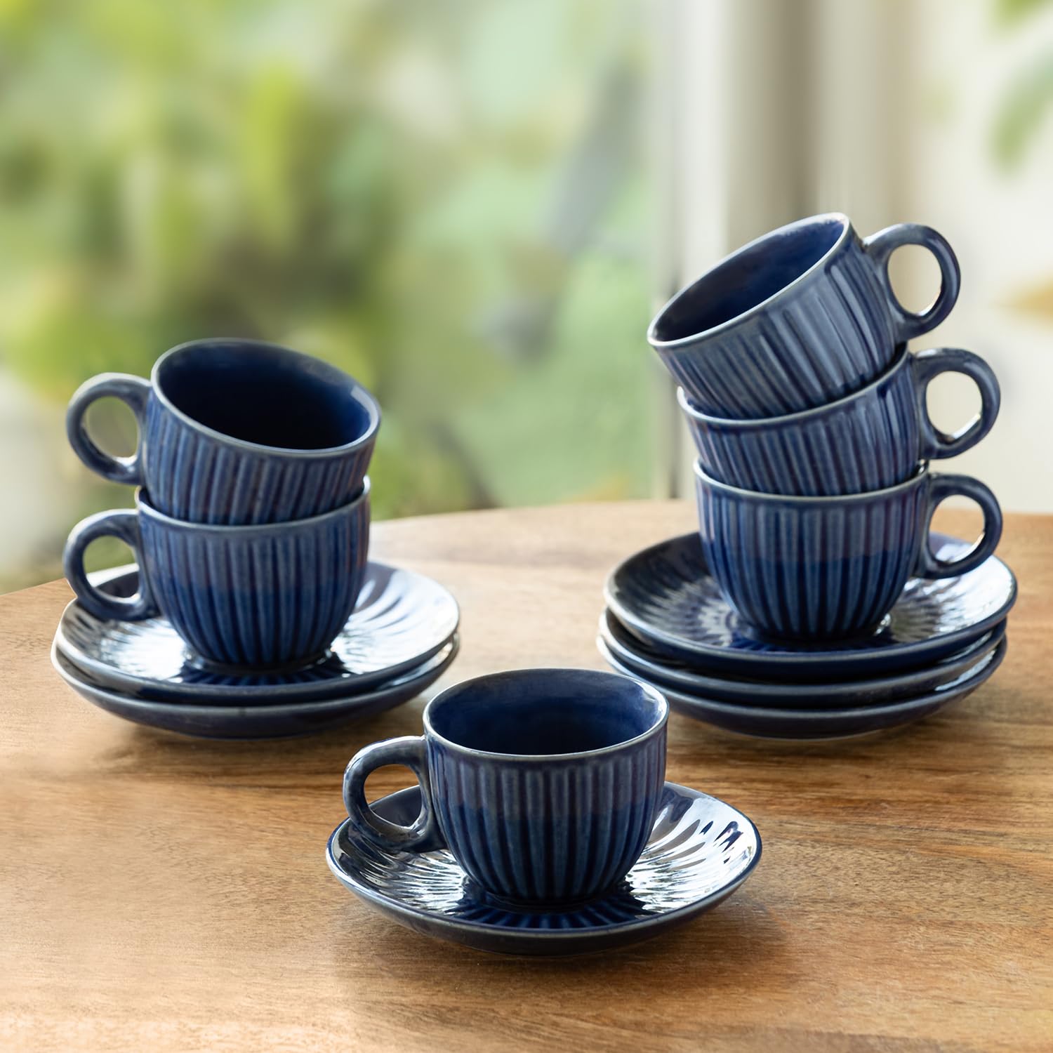 Exclusivelane Midnight Ripped Hand Glazed Ceramic Tea Cups With Saucer Ceramic Coffee Cups Chai Tea Cup (Set Of 6, 150 Ml, Mic
