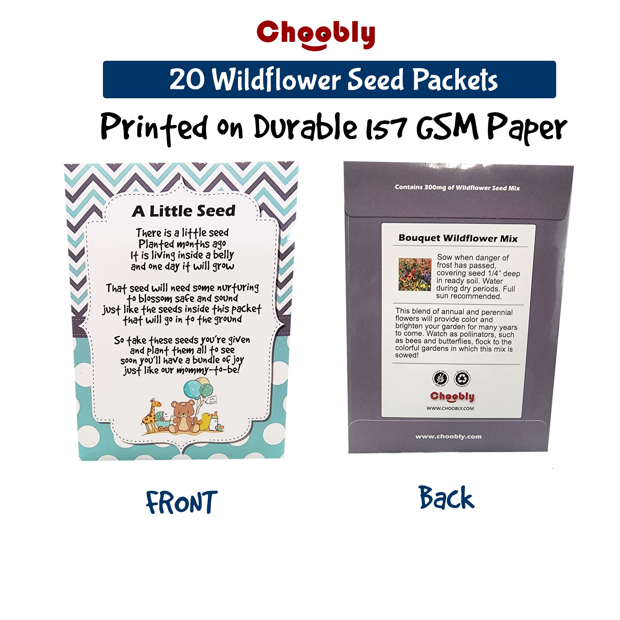 Choobly | Boy Baby Shower Favors For Guests | 20 Wildflower Seeds Packets | Pre-Filled | Bouquet Seed Mix | Non-Gmo Seeds | Seed