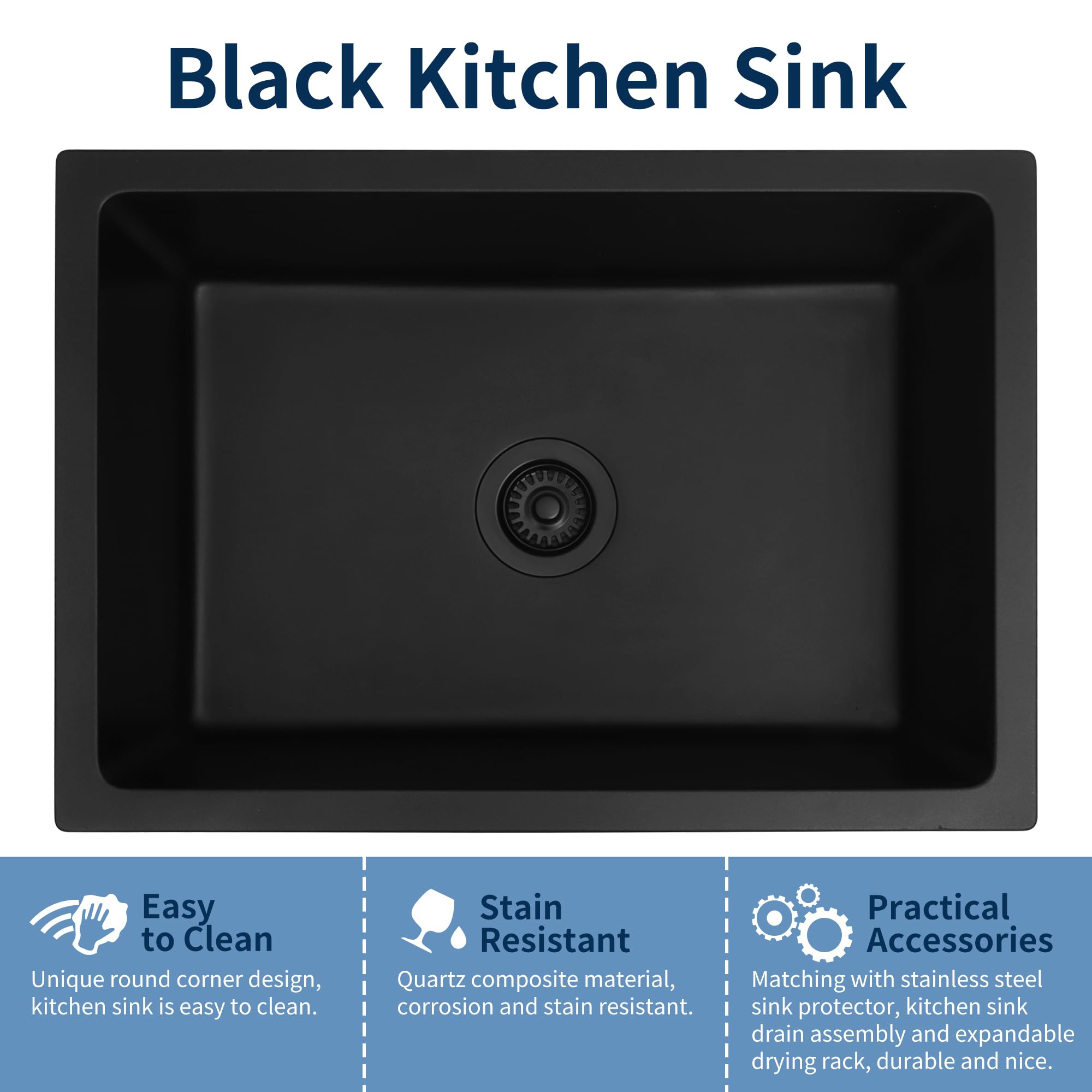 Monsinta Undermount Kitchen Sink, 27 Inch Matte Black Granite Composite Sink, Single Bowl Kitchen Sink, Small Kitchen Sink With