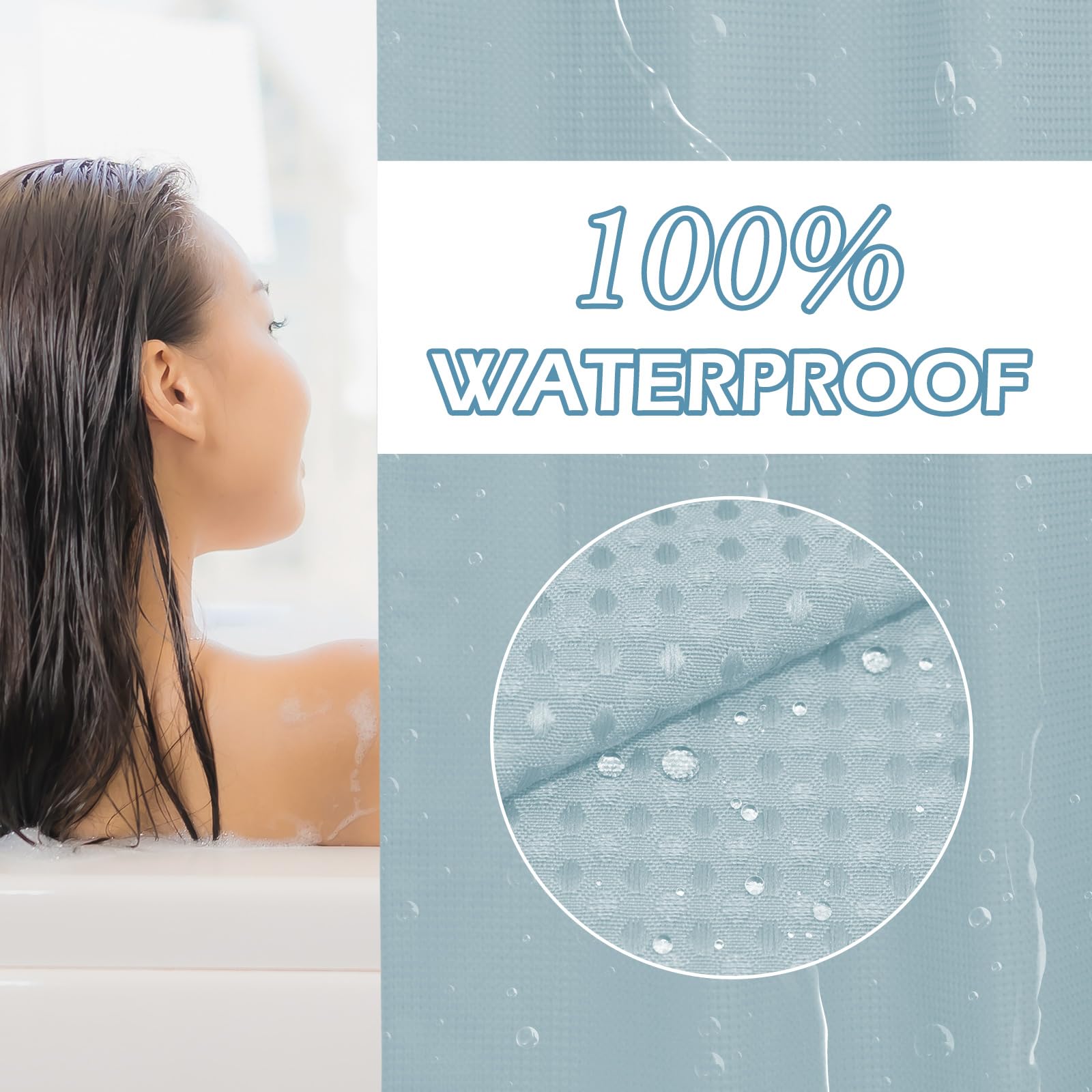 Eutxl Fog Blue Long No Hook Shower Curtain With Snap In Liner,230Gsm Waffle Weave Shower Curtains For Bathroom,71W X 86H