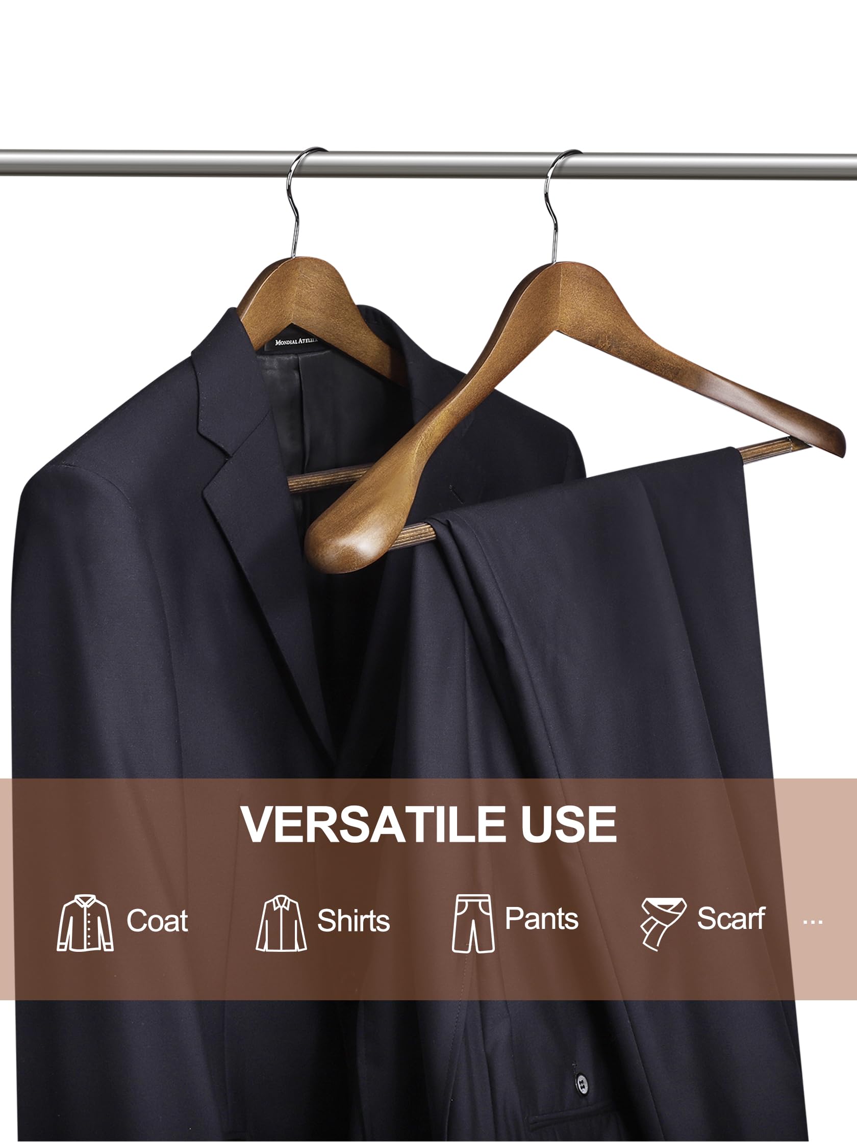 House Day Wide Shoulder Wooden Hangers 12 Pack, Wood Suit Hangers For Men With Non Slip Pants Bar, Smooth Finish Solid Wood Coat