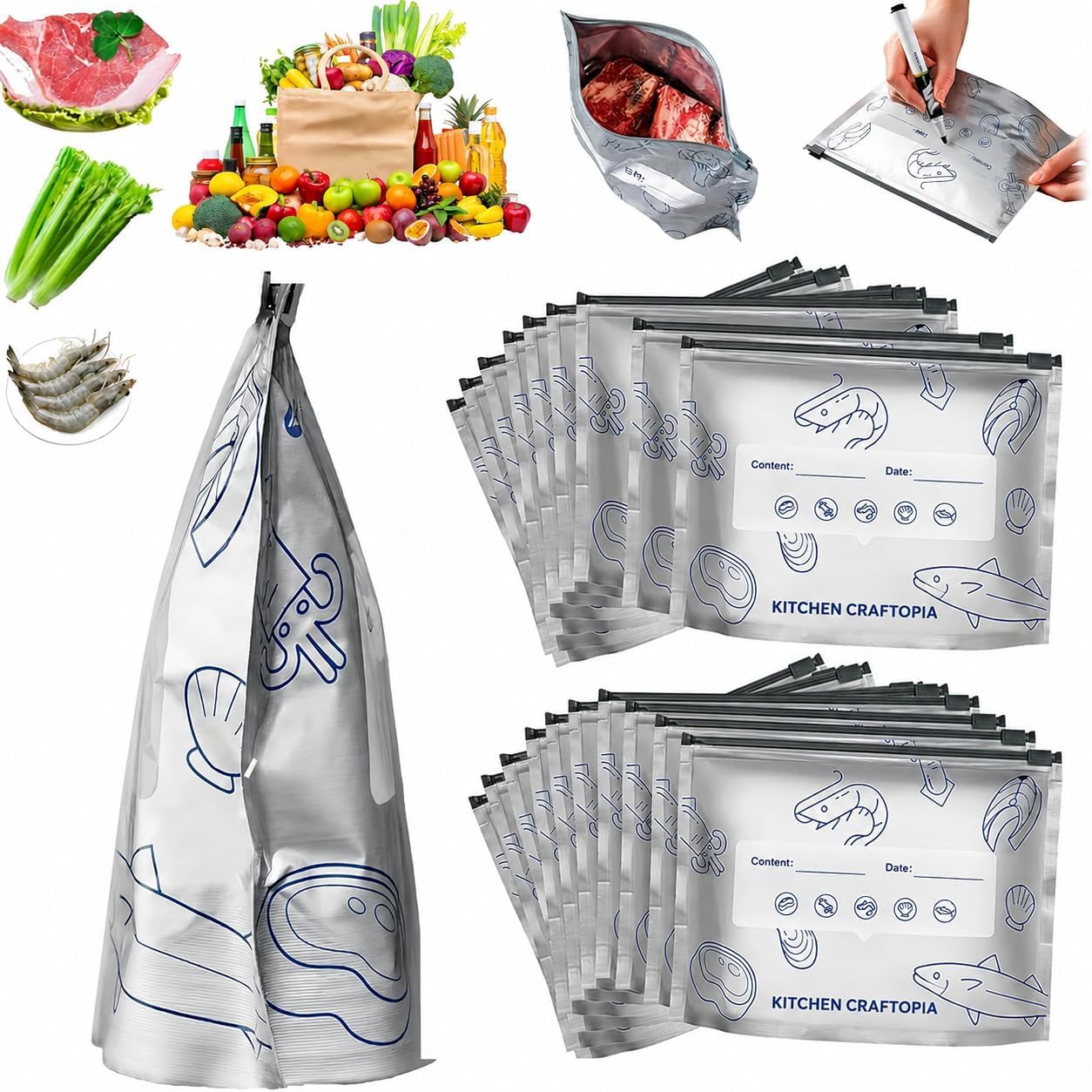 Freezer Bags With Zipper, Reusable Food Storage, Writable Label, For Meat, Seafood & Vegetables