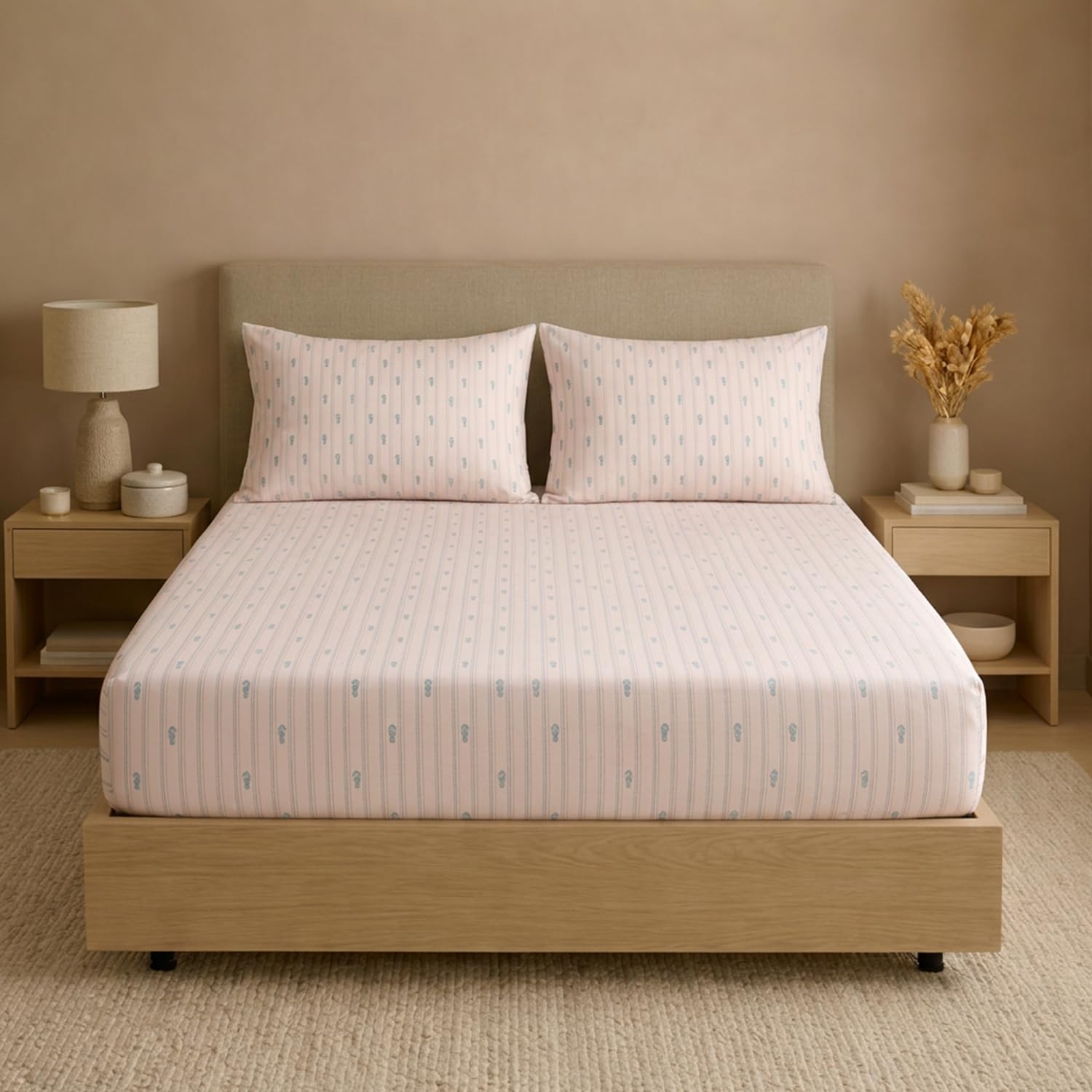 Unalome 100% Cotton Percale Fitted Bedsheet For Queen Size Bed 1.25 Feet Deep Pocket, 1 Elastic Fitted Bedsheet (5 Feet X 6.6 Fe
