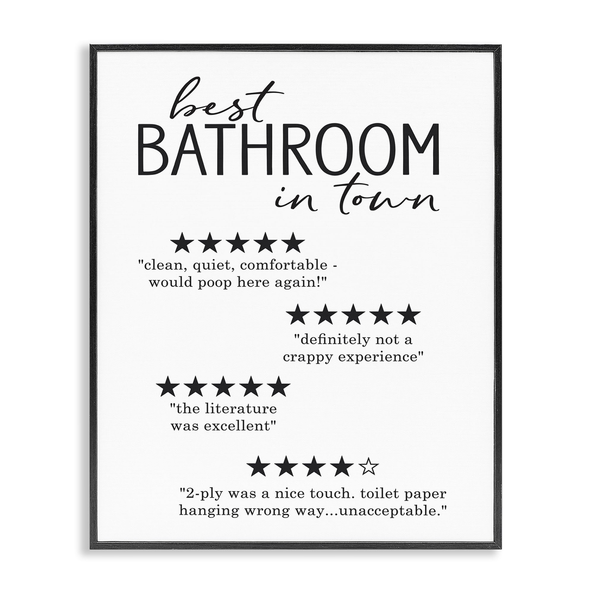 Stupell Industries Best Bathroom Five Star Reviews Funny Bath Phrases, Framed Giclee Art, Black, 24 x 30 Inches, Easy to Hang 