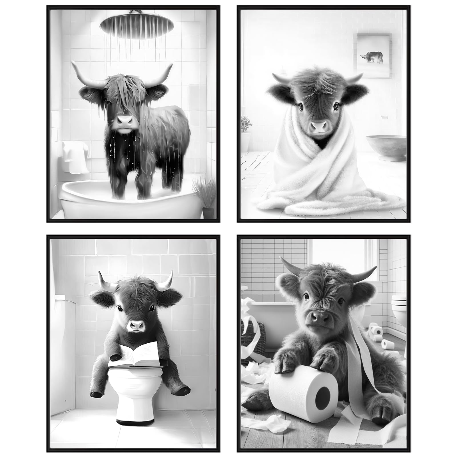 Western Cow Bathroom Decor Wall Art,Funny Highland Cow Wall Art In Bathroom,Black And White Cow In Toilet Pictures,Bathroom High