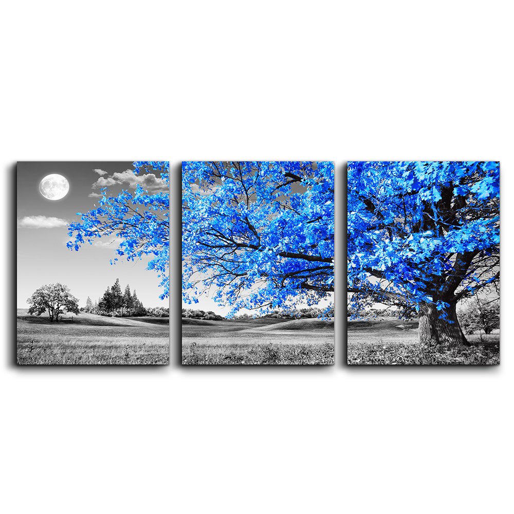 Wall Art For Living Room Black And White Blue Tree Moon Canvas Wall Decor For Home Artwork Huge Painting 20'' X 28'' 3 Pieces Ca