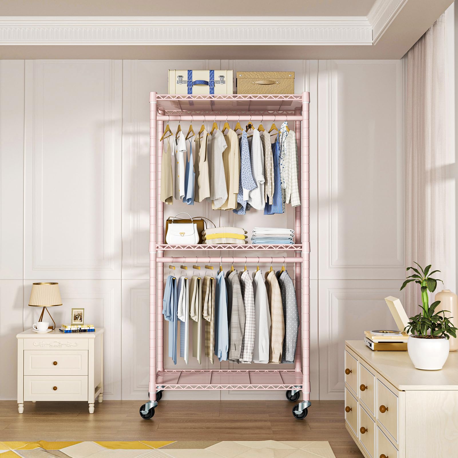 Futassi P1 Medium Heavy-Duty Portable Closet, 30'' W X 14'' D X 76'' H, Metal Rolling Clothing Rack, Pink