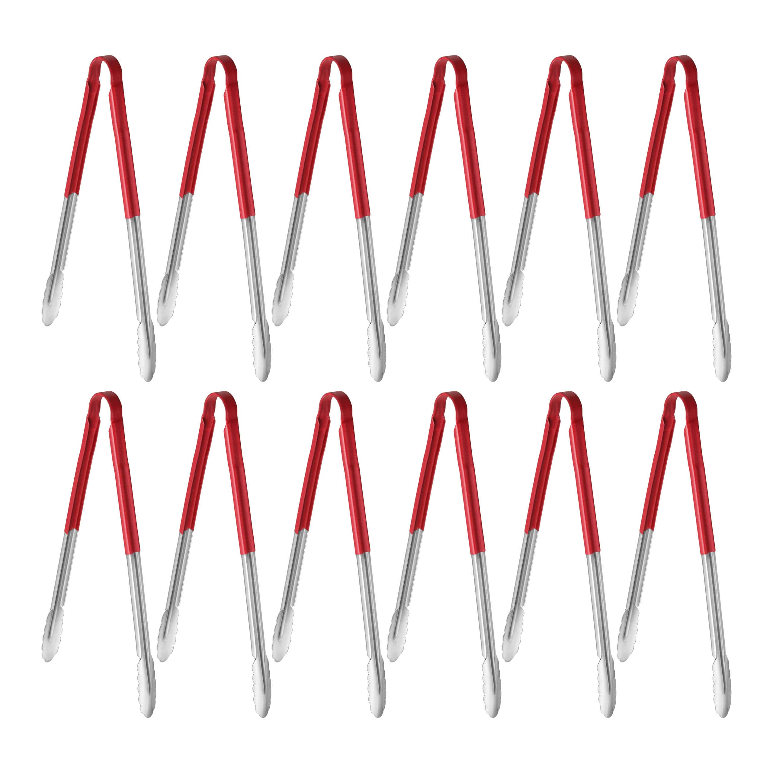 New Star Foodservice 16 Inch Utility Spring Tongs, Set of 12, Commercial Restaurant Grade Stainless Steel Tongs with Red Vinyl C
