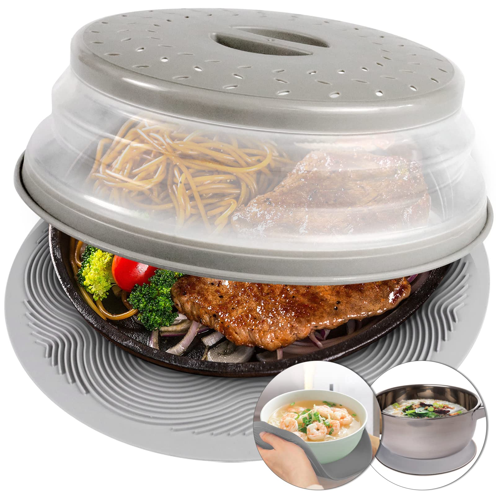 2 In 1, Aidacom Microwave Place Mat & Food Cover- Mat As Bowl Holder, For Splatter Guard, Multi-Use: Silicone Trivet, Pot Holder