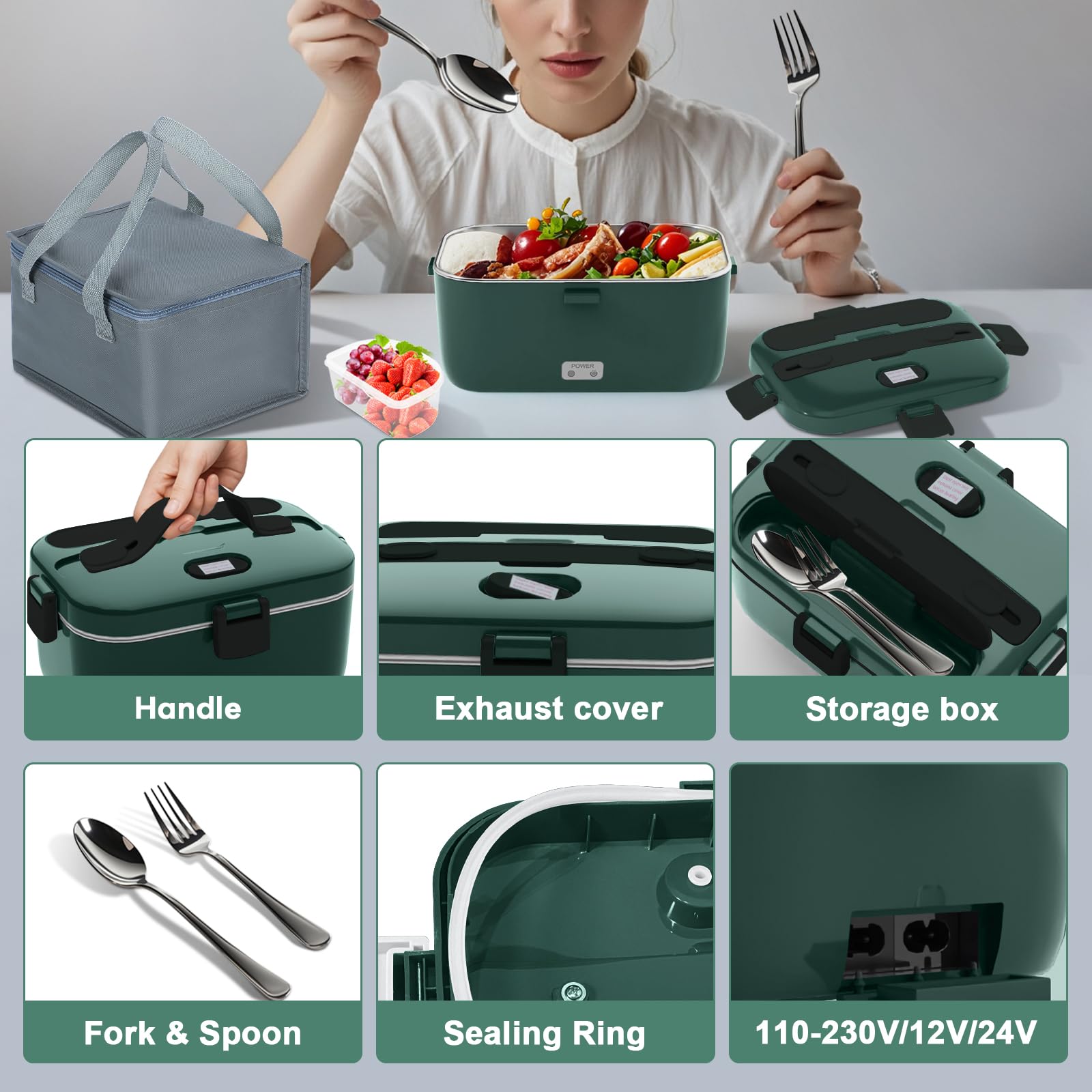 Dupasu Electric Lunch Box, Food Heated 12V 24V 110V Portable Food Warmer Heater For Car/Truck/Home, 100W Self Heating Box With 1