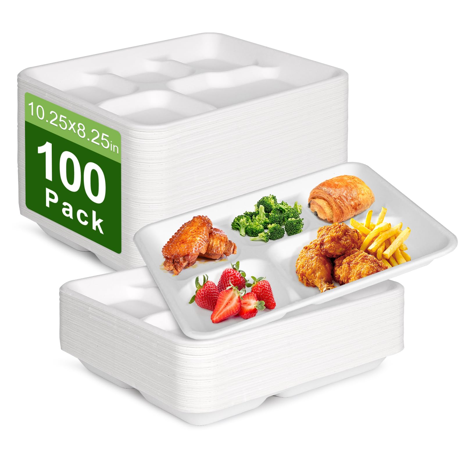 Qi Boo Compostable 5 Compartment Plates Disposable, 10.25 x 8.25 inch, [100-Pack] Heavy Duty Paper Plates with dividers, Sturdy 