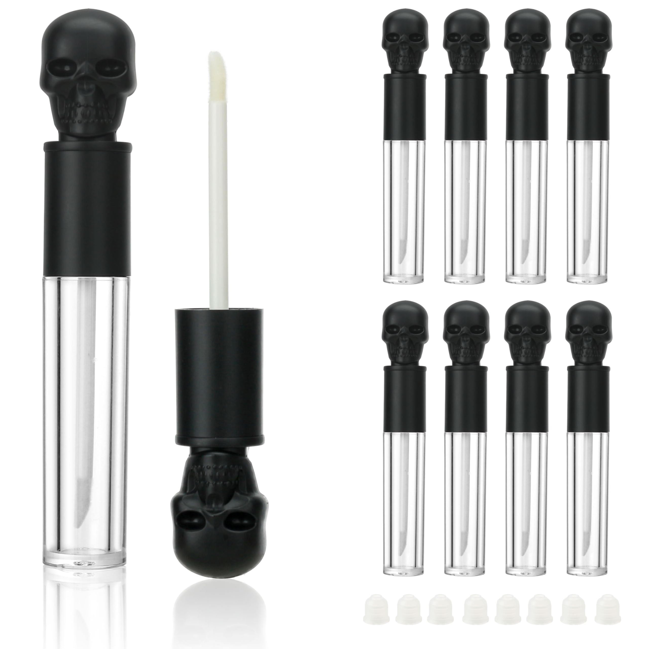 COSIDEA 8pcs Empty Round 5ml 0.17oz Black skull lip gloss tubes with wand fancy Lipgloss tube containers for lip oil packing