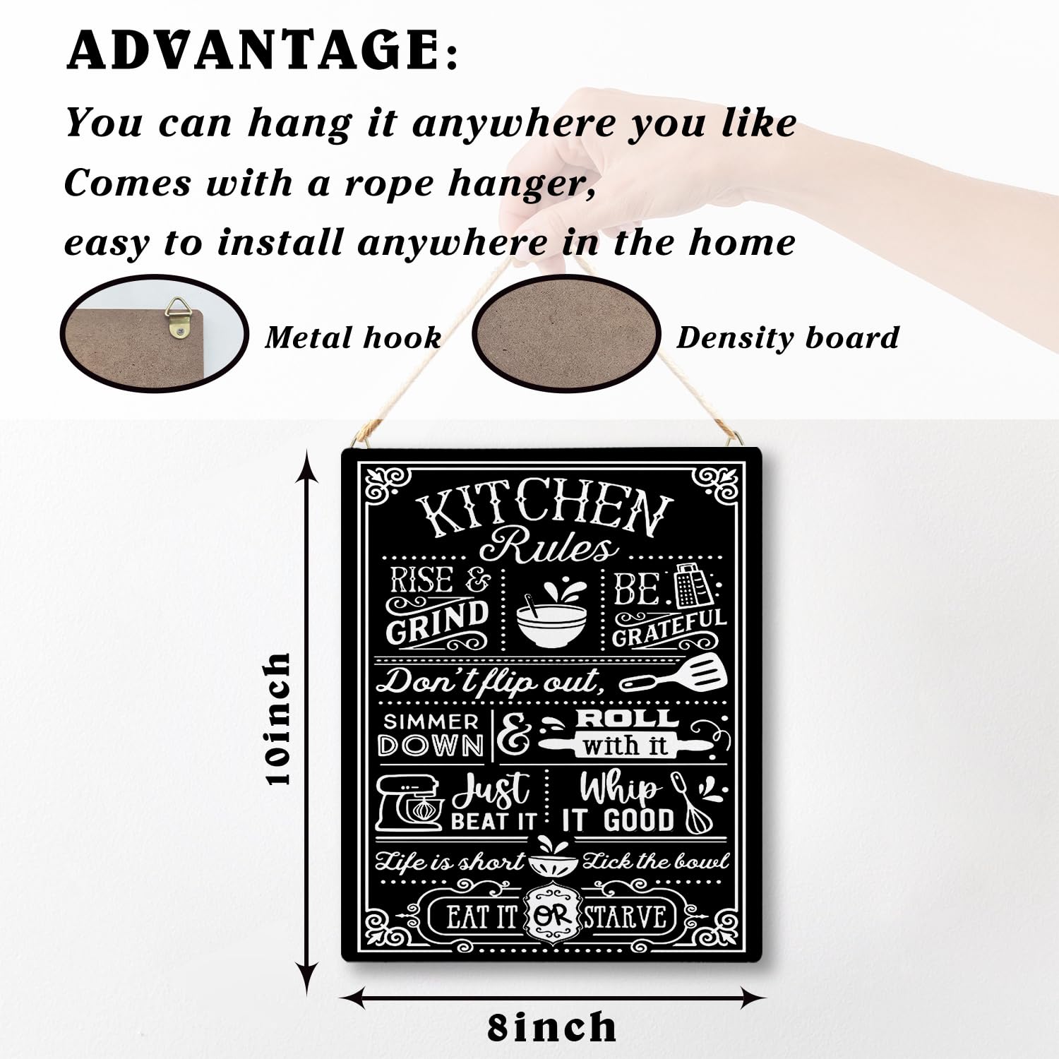 UNCDLV Kitchen Signs Wall Decor Kitchen Rules Sign Wall Art, Rustic Black Eat Kitchen Wall Decor 8x10 Inches