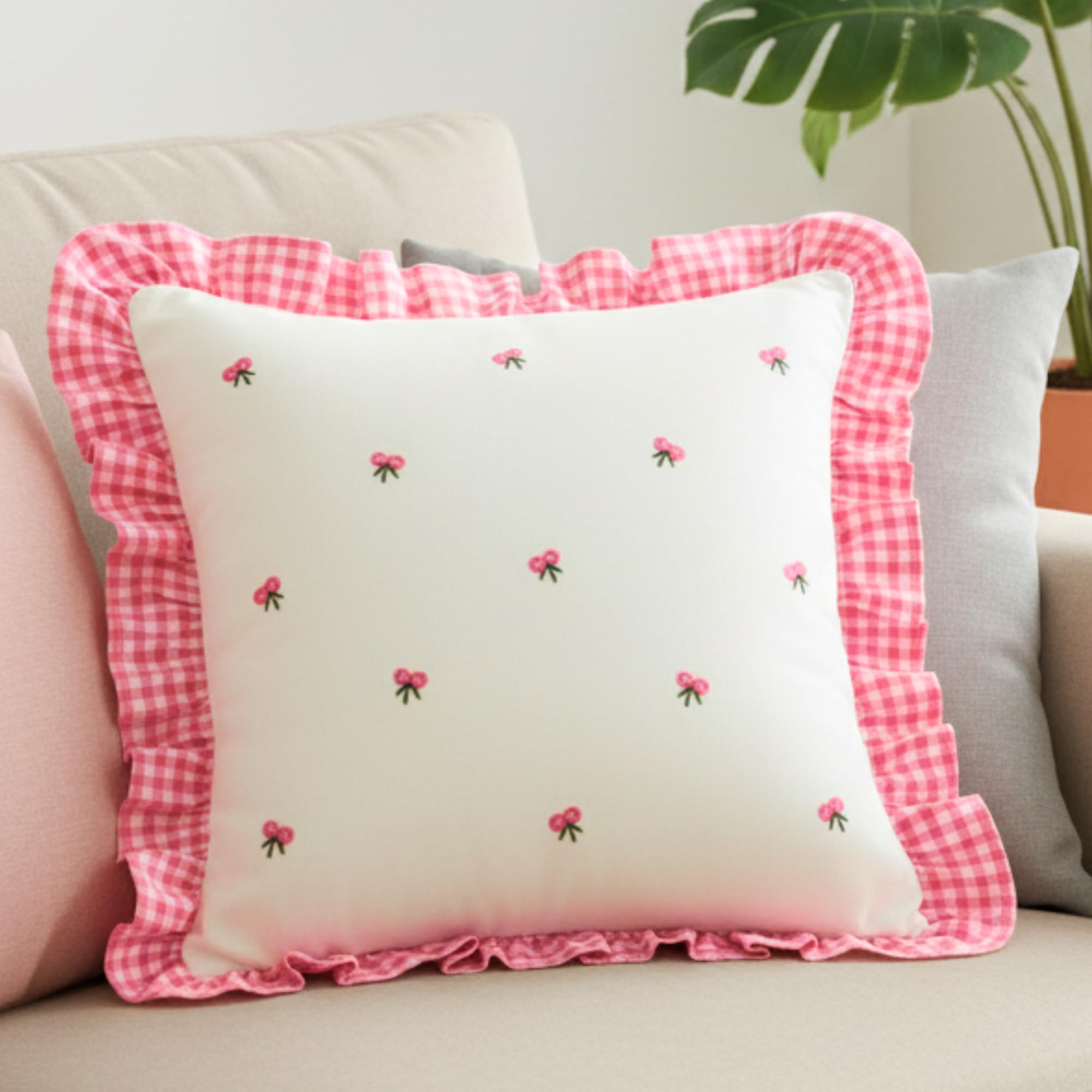 Sleepy Threads Pink & White Cotton Cushion Cover | 16 X 16 Inch/ 40 X 40 Cm | Square Floral Embroidered With Ruffle Frill Edging