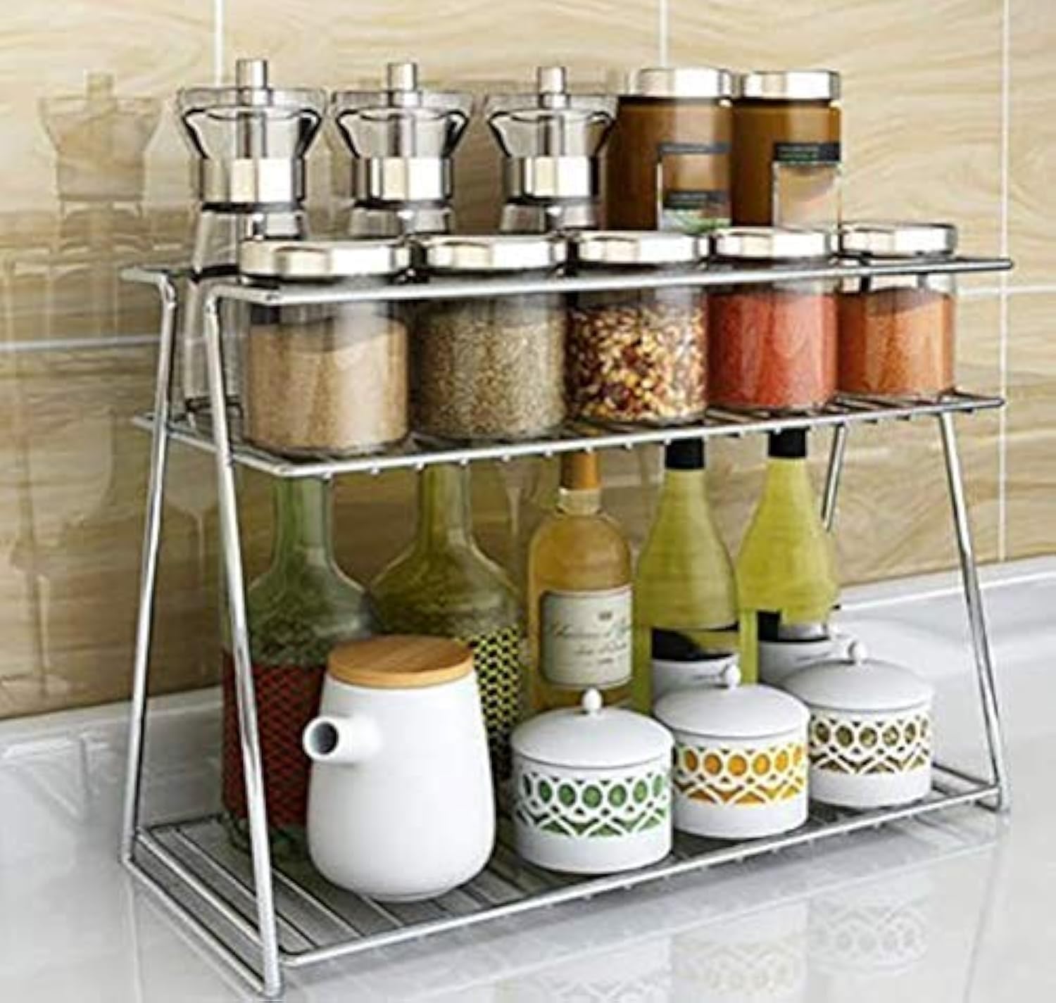 Cri8Hub Stainless Steel2 Tier Kitchen RackSpice BoxesOrganizerKitchen Stand Cosmetic Organizer, Counter Top Basket Floor M