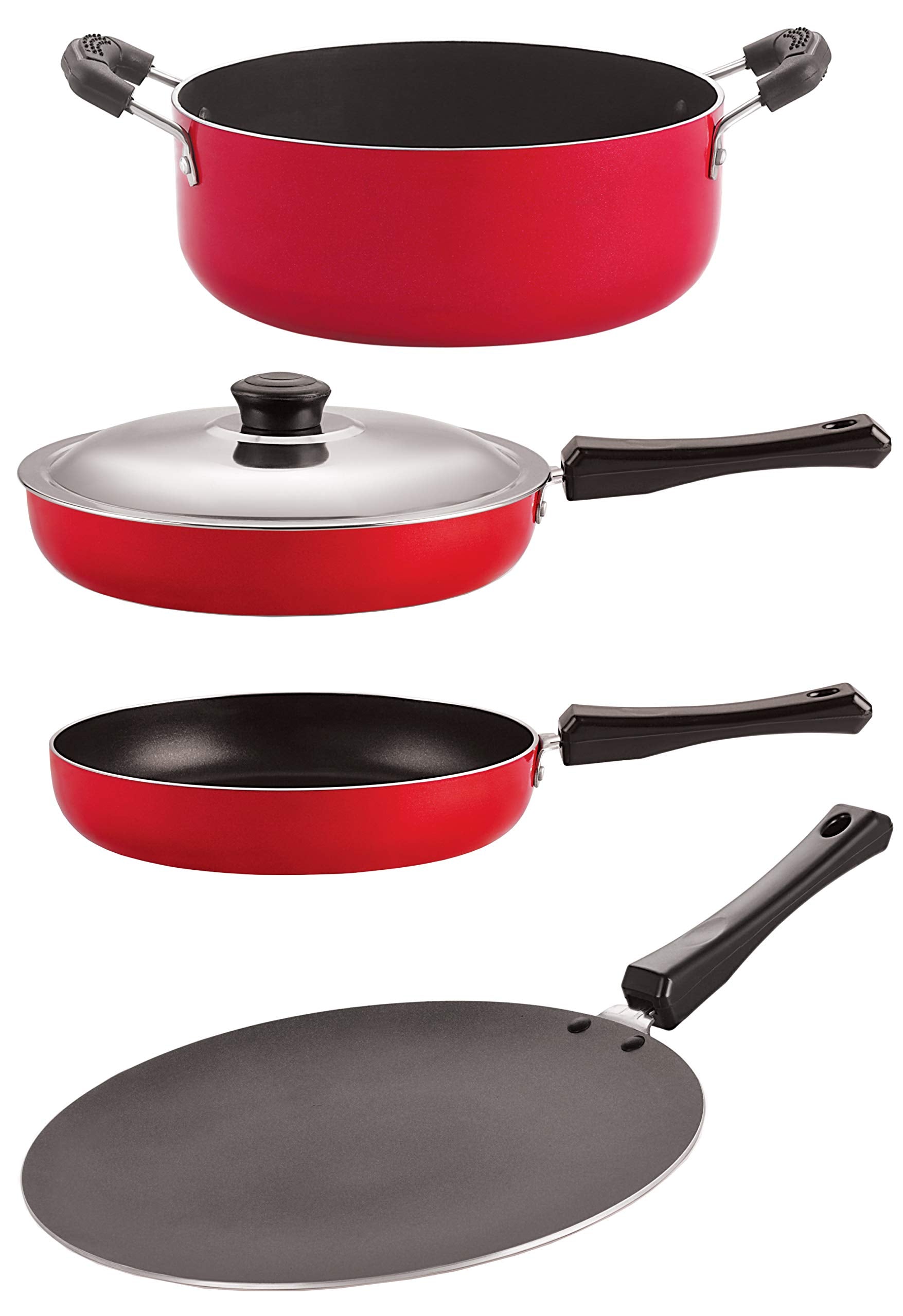 Nirlon Non Stick Pfoa Free Gas Compatible Cookware Utensil Item Set With Supreme Quality,4 Pieces (Red & Black) (Ct12_Fp11_Fp12_