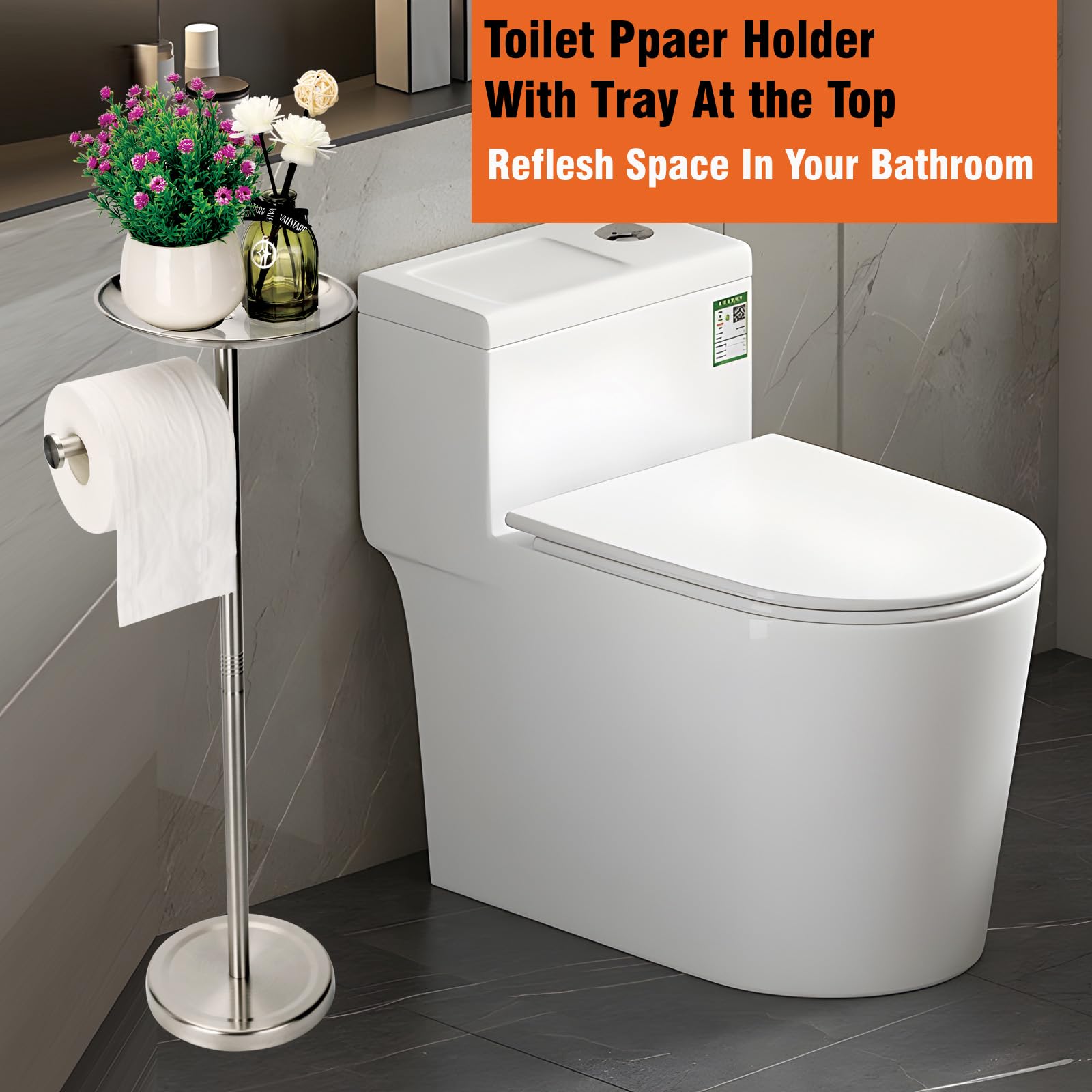 Tofix Toilet Paper Holder With Shelf, Toilet Paper Holder With Tray At The Top, Freestanding Toilet Paper Holder (Stainless Stee