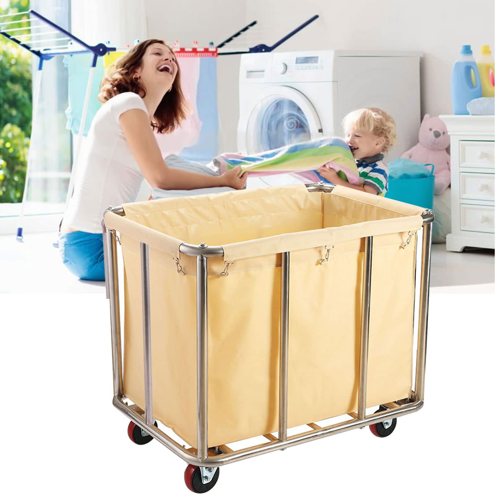 Commercial Laundry Cart With Wheels, 11.35 Bushels Large Laundry Roller With Removable Waterproof Canvas Lined Basket, Heavy Dut