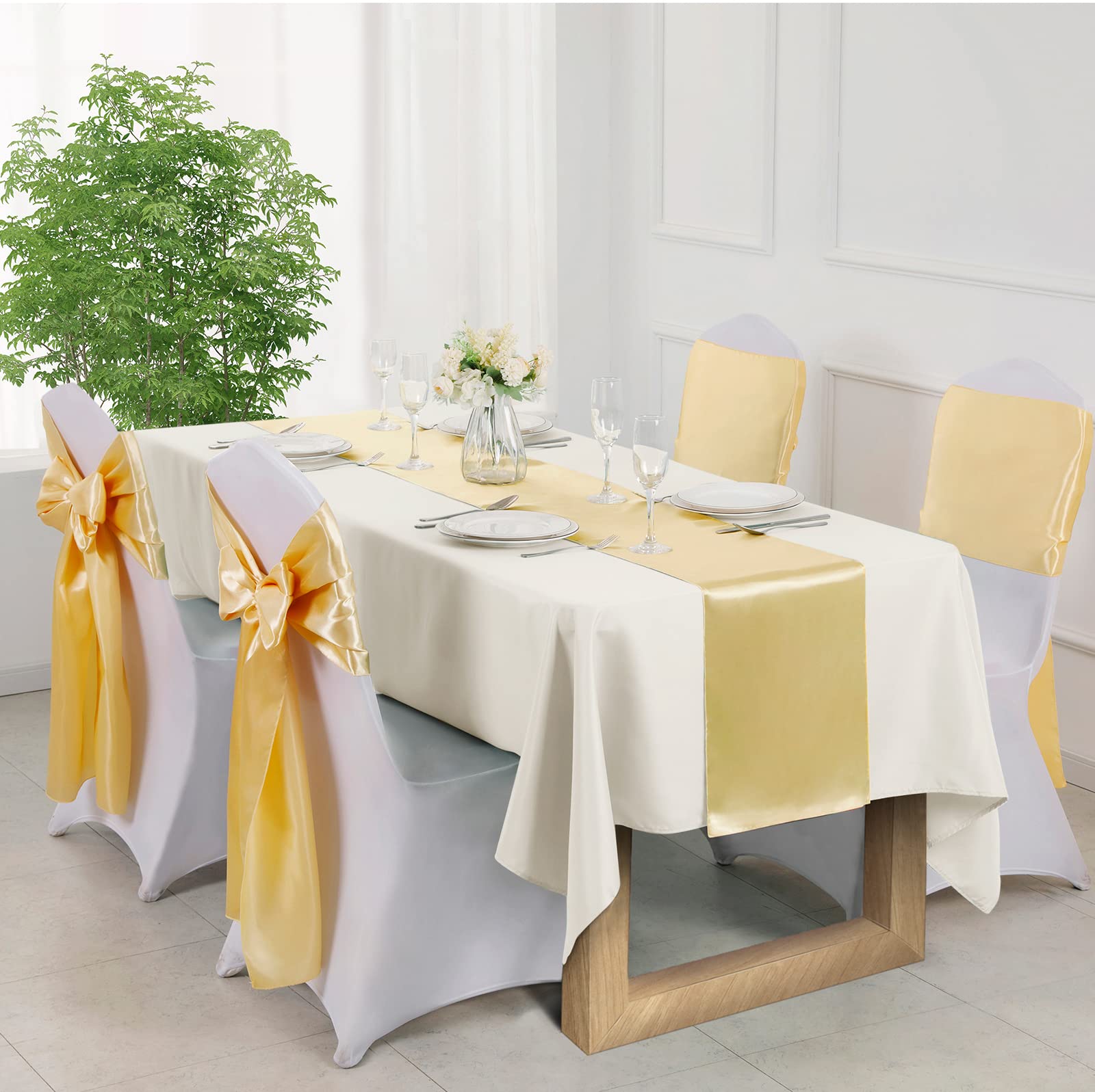 Manyshofu 4Pcs Satin Yellow Gold Table Runner - 12 x 108 Inch Long Size  Party Table Runner Decor Bright & Smooth Wedding Decorations Table Runner for Banquet Chef Birthday Buffet Dinner Graduations