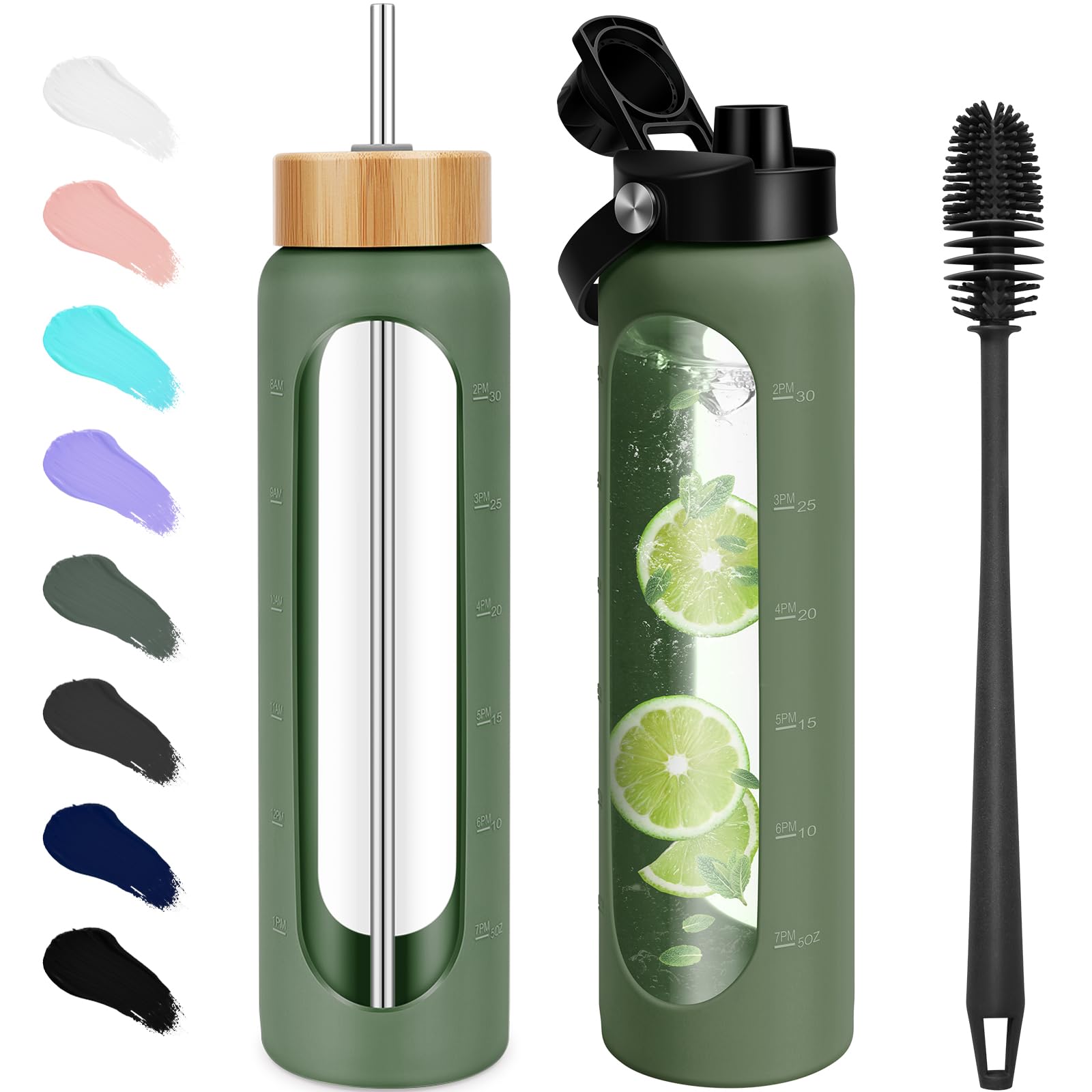 FULBEVY 25 oz Glass Water Bottles - Motivational Tumbler Water Bottle Time Marker - Borosilicate Glass Water Bottle With Silicon