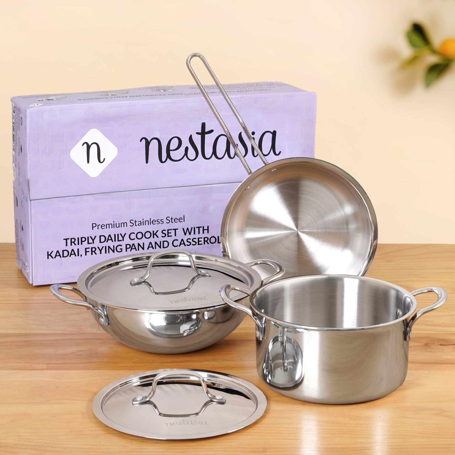 Nestasia Triply Stainless Steel 5 Pc Cookware Set - Fry Pan (22Cm/1.5L), Kadai With Lid (24Cm/3L) & Casserole With Lid (20Cm/3L)