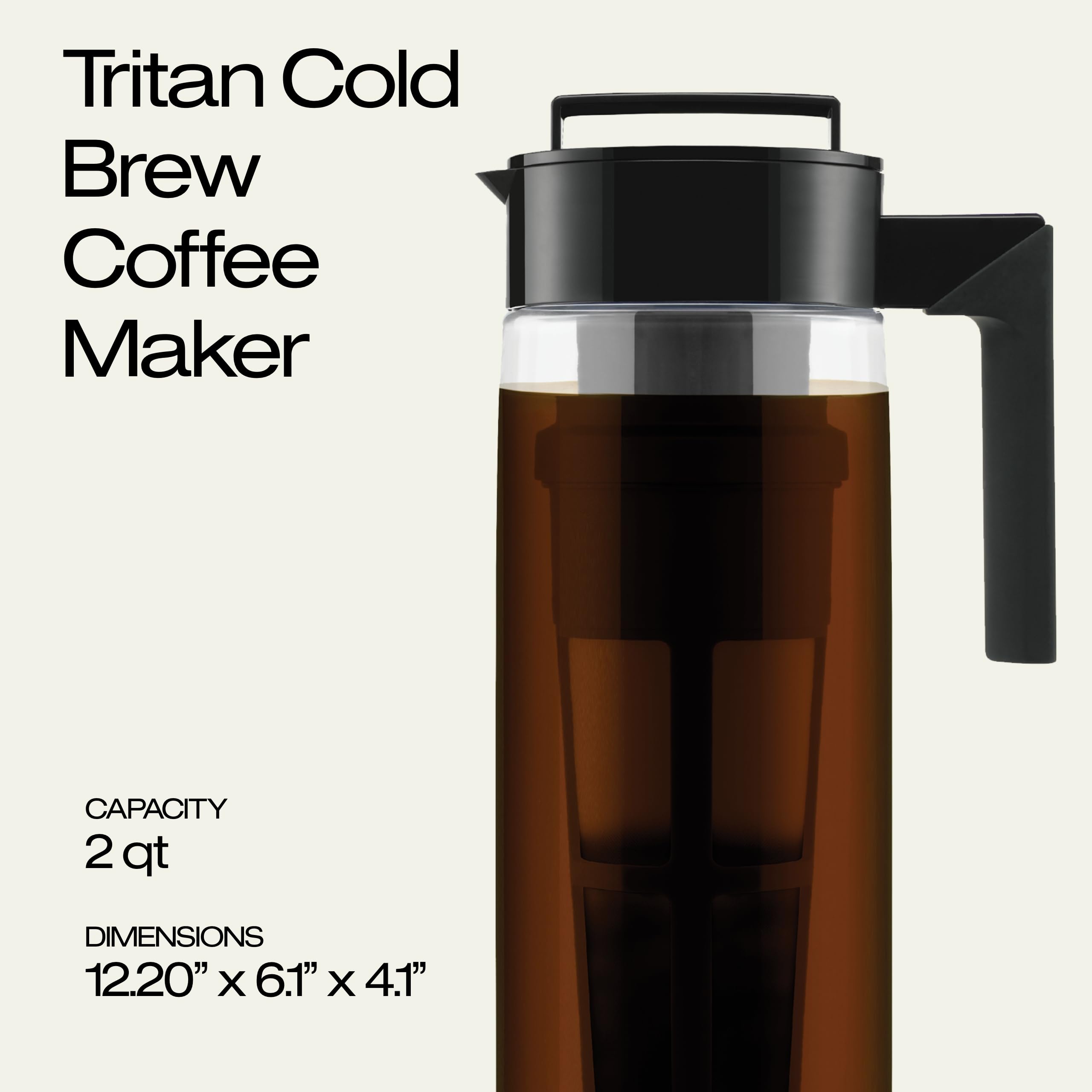 Takeya Patented Deluxe Cold Brew Coffee Maker With Black Lid Airtight Pitcher, 2 Quart, Black