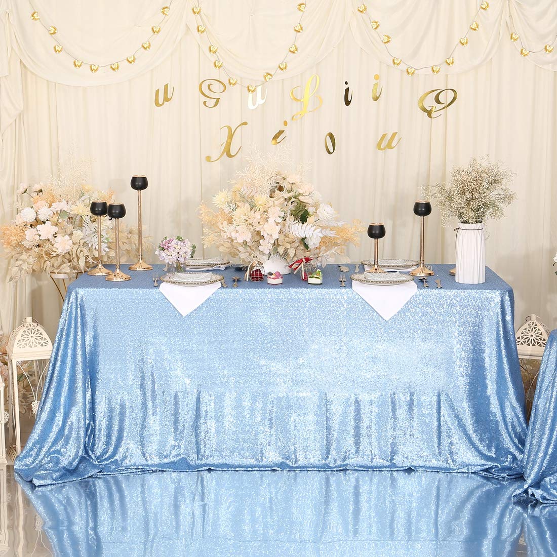 Partydelight Sequin Tablecloth, Wedding, Sweetheart, Christmas Tree, Rectangular, 60''X126'', Baby Blue