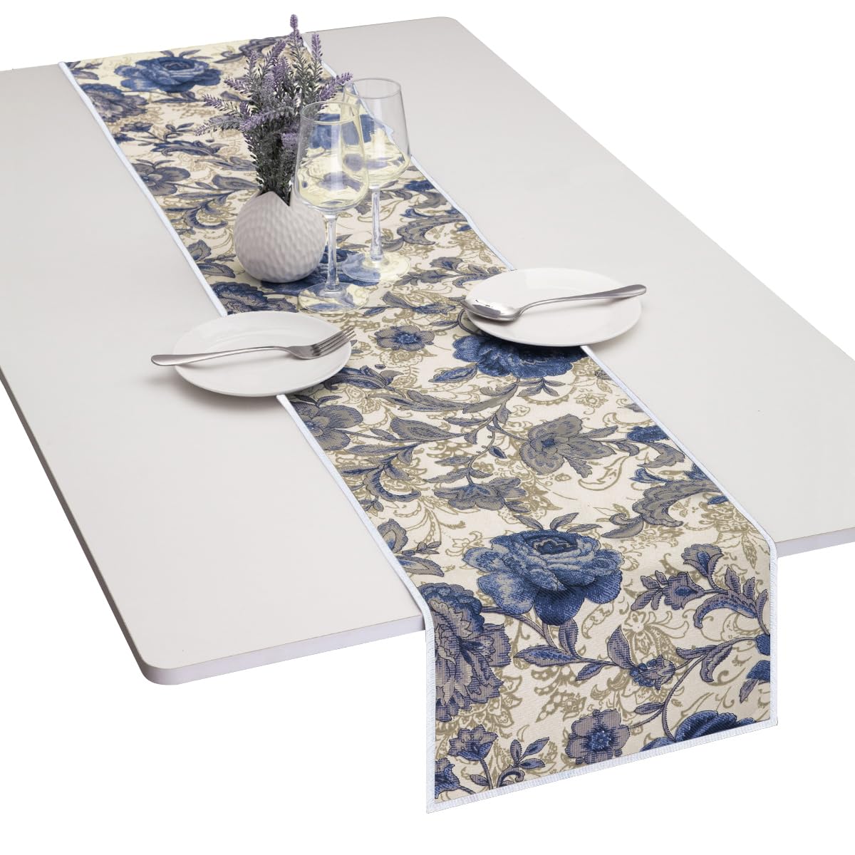 Mookaitedecor Cotton Table Runner, Blue Flower Table Runners For Dinner Parties, Weddings, Decor & Everyday Use, 12 X 52 Inch