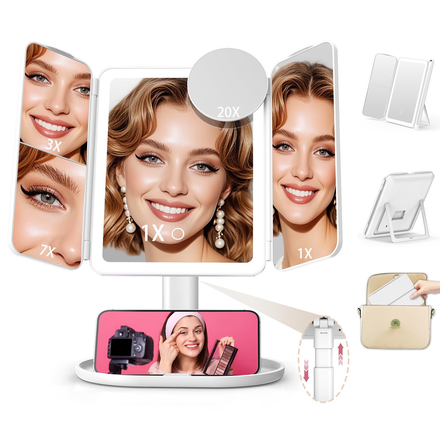 Mocado Makeup Mirror with Lights, 20X/7X/3X Magnifying Mirror with Light,Rechargeable & Height Adjustable Lighted Makeup Mirror,