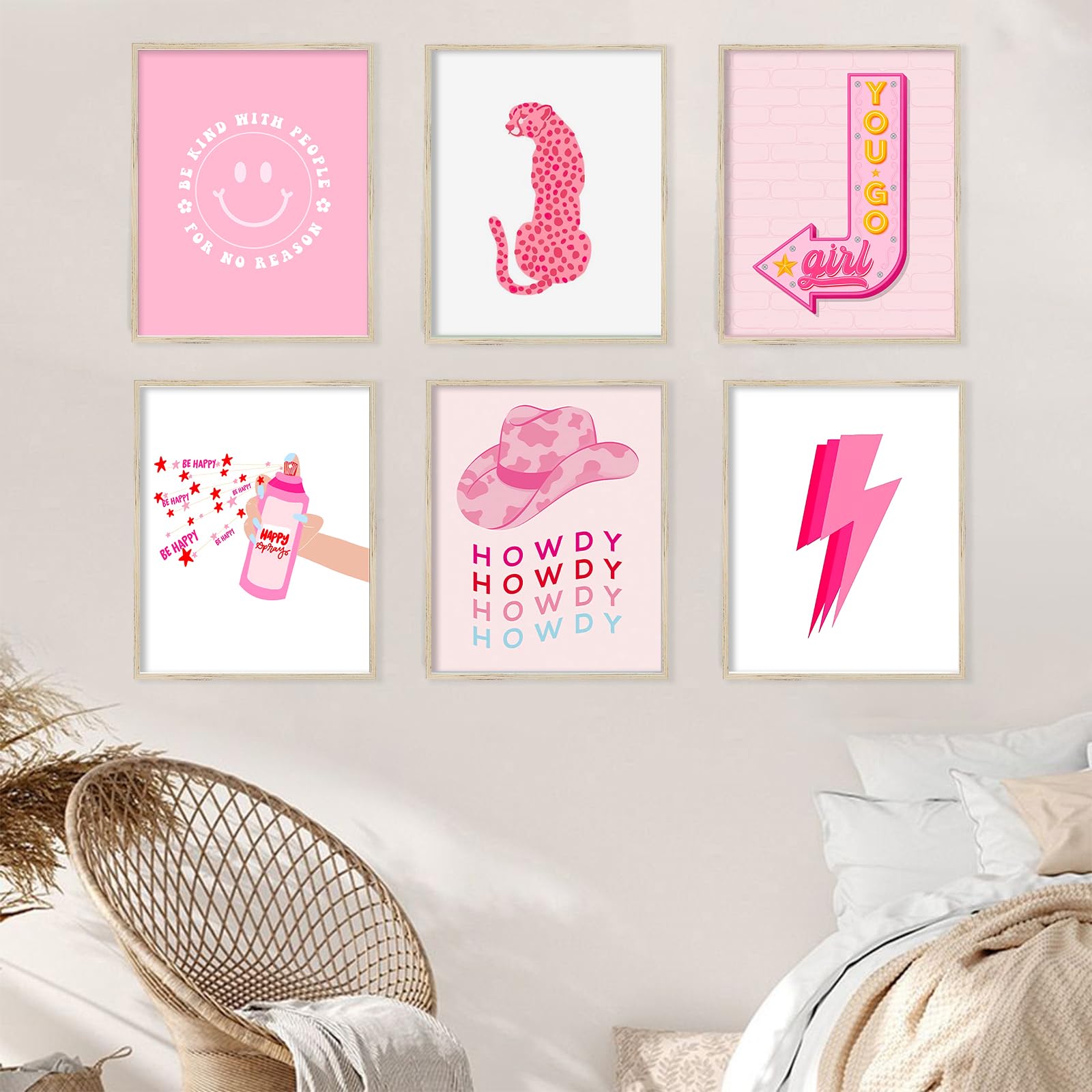 Gensteuo 9Pcs Pink Preppy Room Decor Aesthetic, Hot Pink Wall Art, Preppy Posters Paintings, Cute Pictures For Bedroom Dorm, Pre