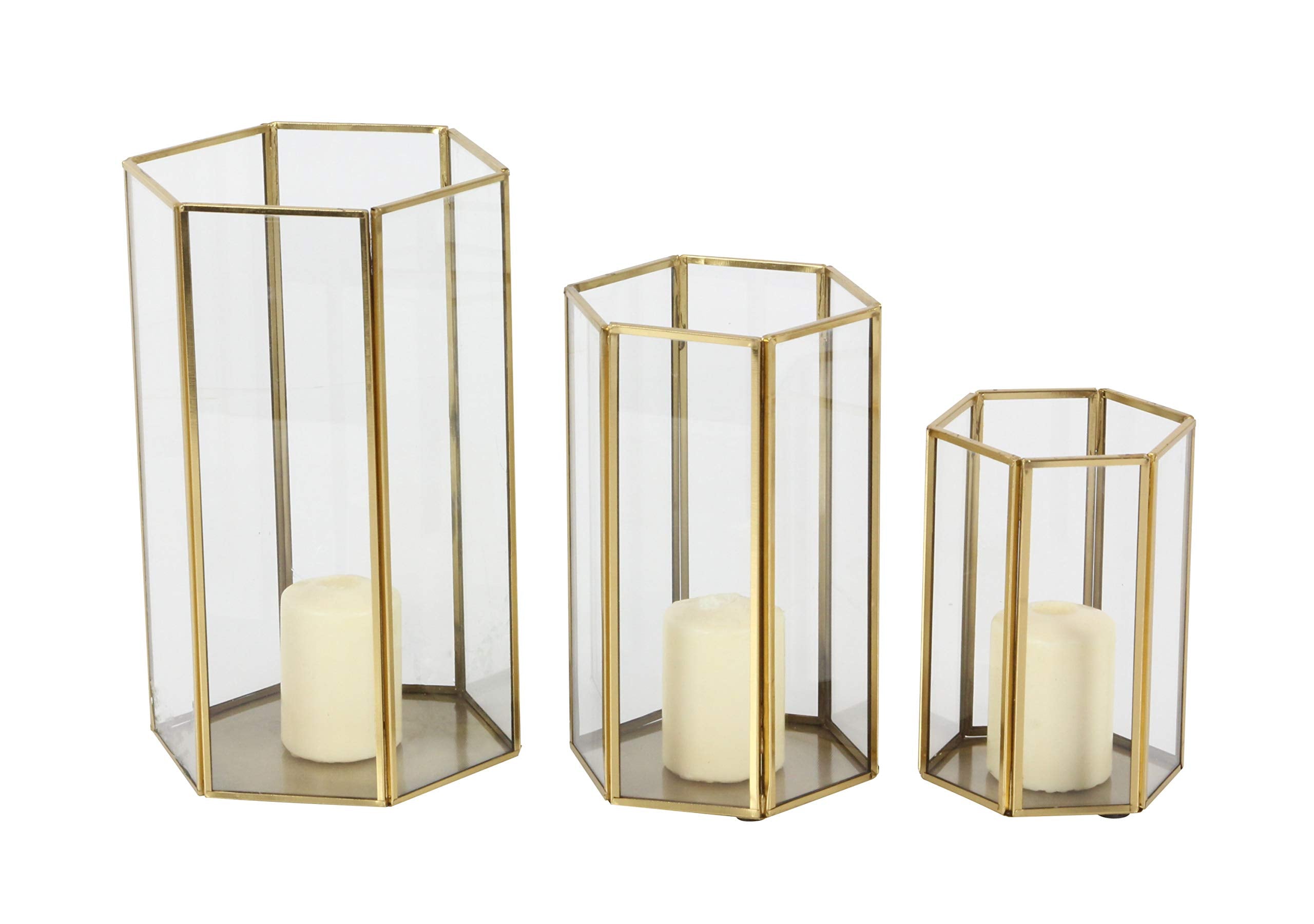 CosmoLiving by Cosmopolitan Glass Pillar Candle Lantern with Metal Plate, Set of 3 6, 8, 10H, Gold