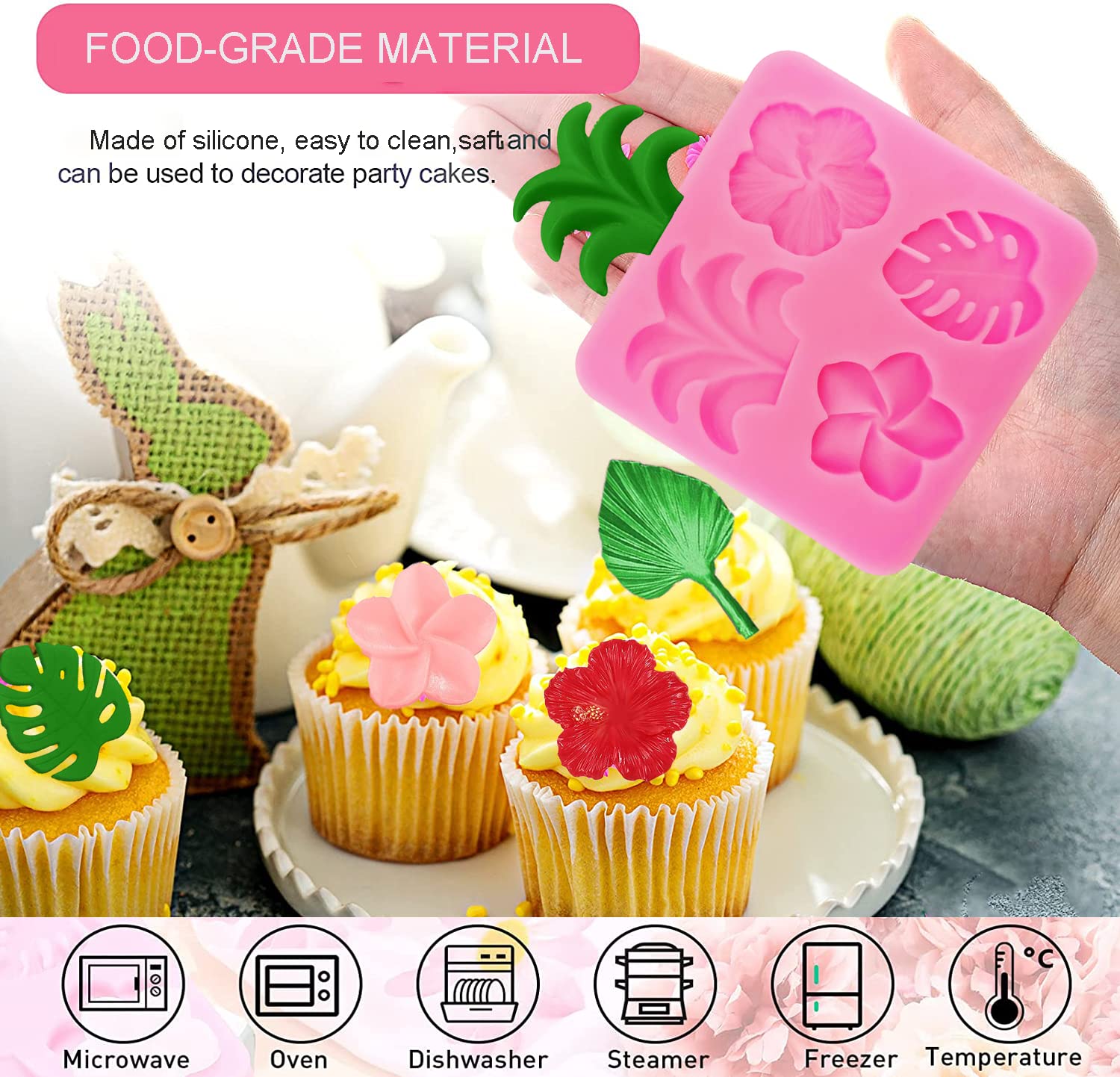 4 Pcs Tropical Flowers Leaves Mold Fan Leaf Fondant Mold Hibiscus Flower Monstera Leafage Palm Leaf Plumeria Flower Silicone Mol