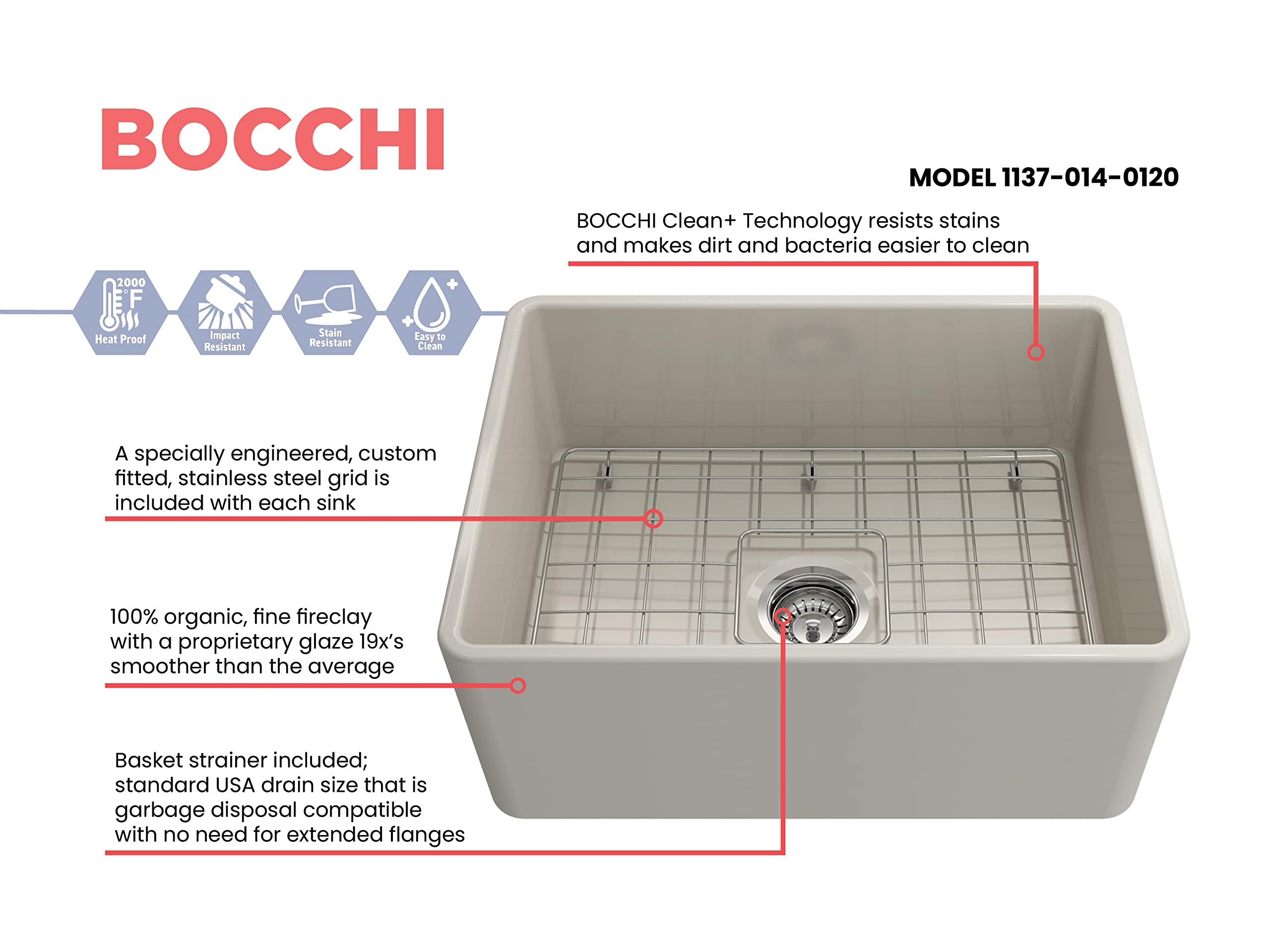 Bocchi Classico Farmhouse Apron Front Fireclay 24 In. Single Bowl Kitchen Sink With Protective Bottom Grid And Strainer In Biscu