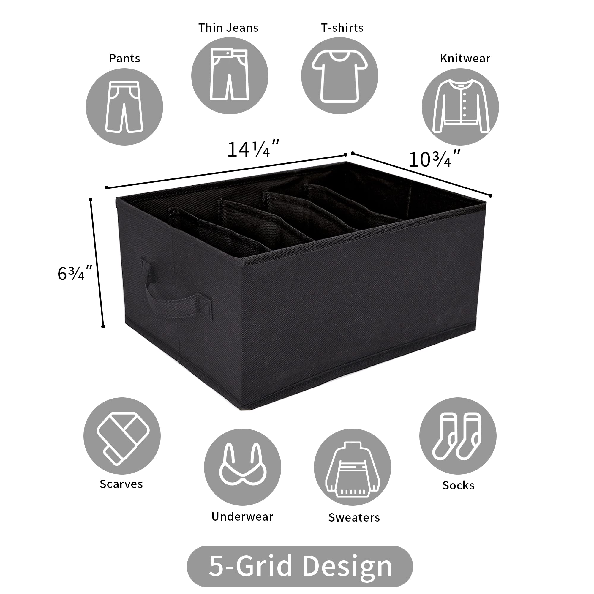 GRANNY SAYS Wardrobe Clothes Organizer, Drawer Organizer Clothes, Black Clothe Storage Bins, 5 Grids Divider Organizers, Storage
