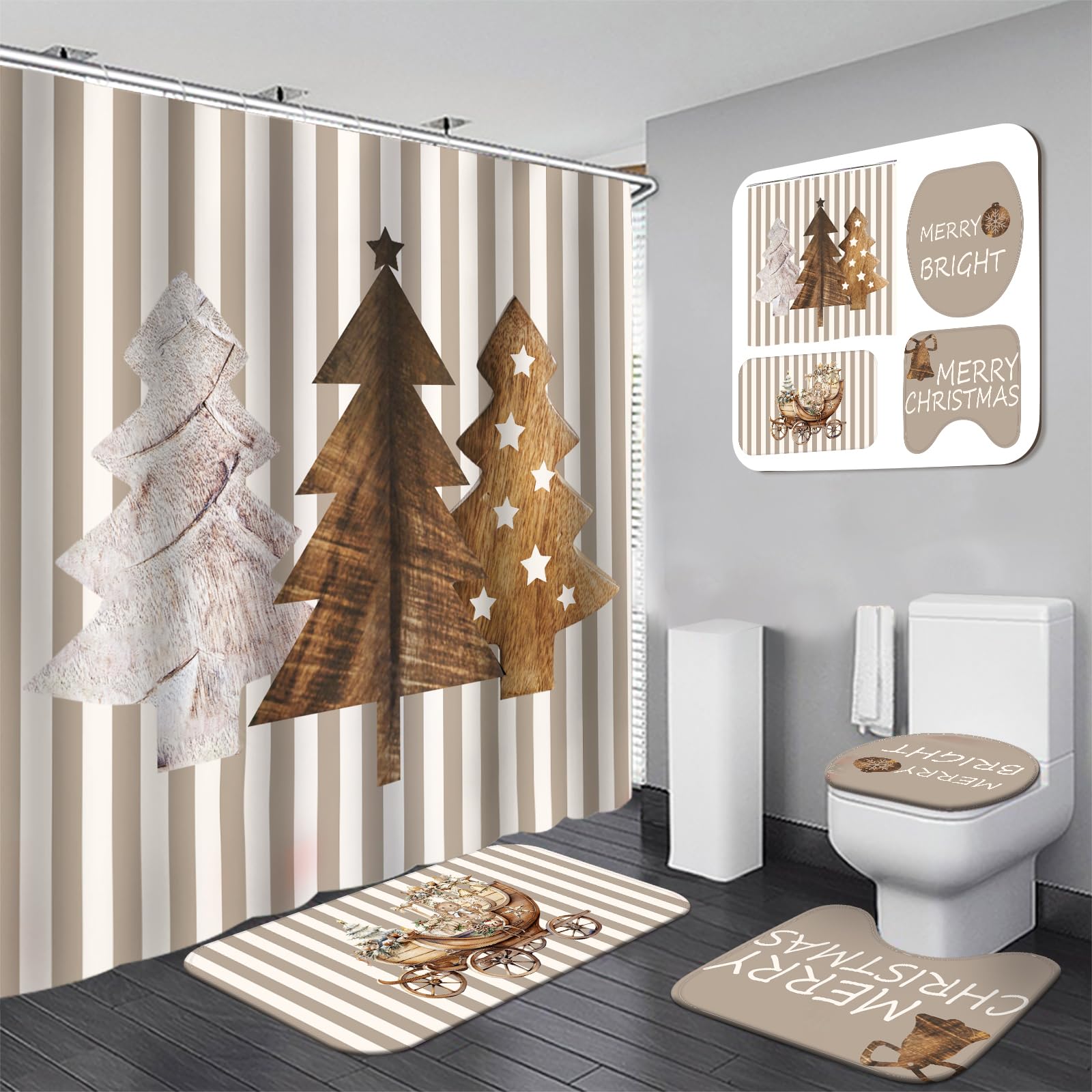 Drydiet 4 Pcs Christmas Shower Curtain Set Bathroom Non Slip Rugs Toilet Lid Cover Mat Shower Curtain For Xmas Home Decor(Brown 