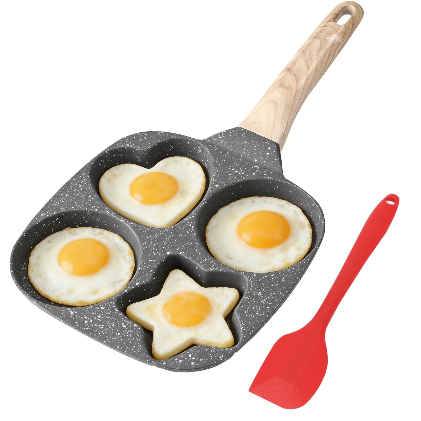 Toyosport 4 Cup Egg Frying Pan, Nonstick Egg Frying Pan, AntiScald Handle, Including Silicone Brush and Spatula, Round Heart St