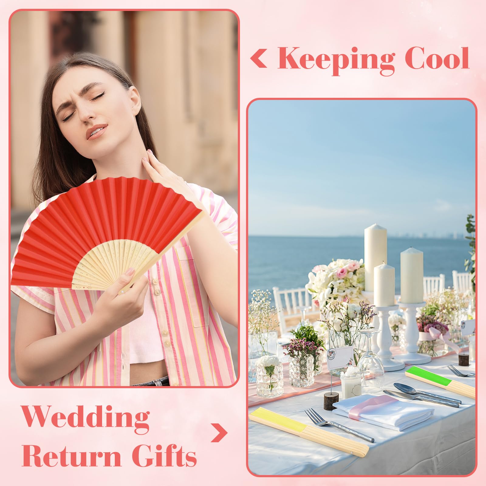 BOUBONI 12 Pieces Hand Held Bamboo Folding Fans Paper Fans Handheld for Women Foldable Girls Wedding Decoration Church Home Part