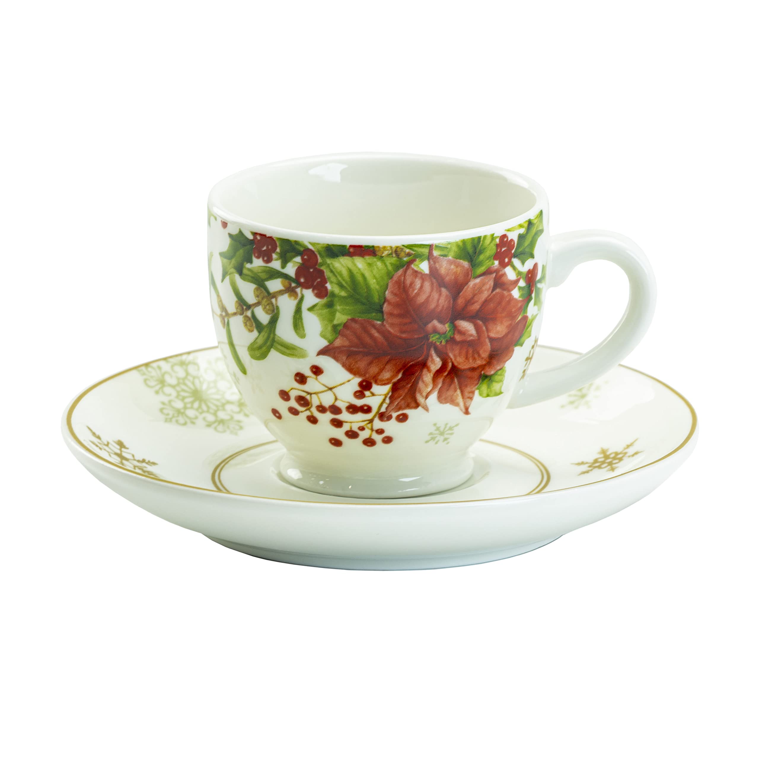 Gracie China Poinsettia Berry Porcelain 3-Ounce Set Of 2 Espresso Cup And Saucer Gift Boxed, Holiday Giftware