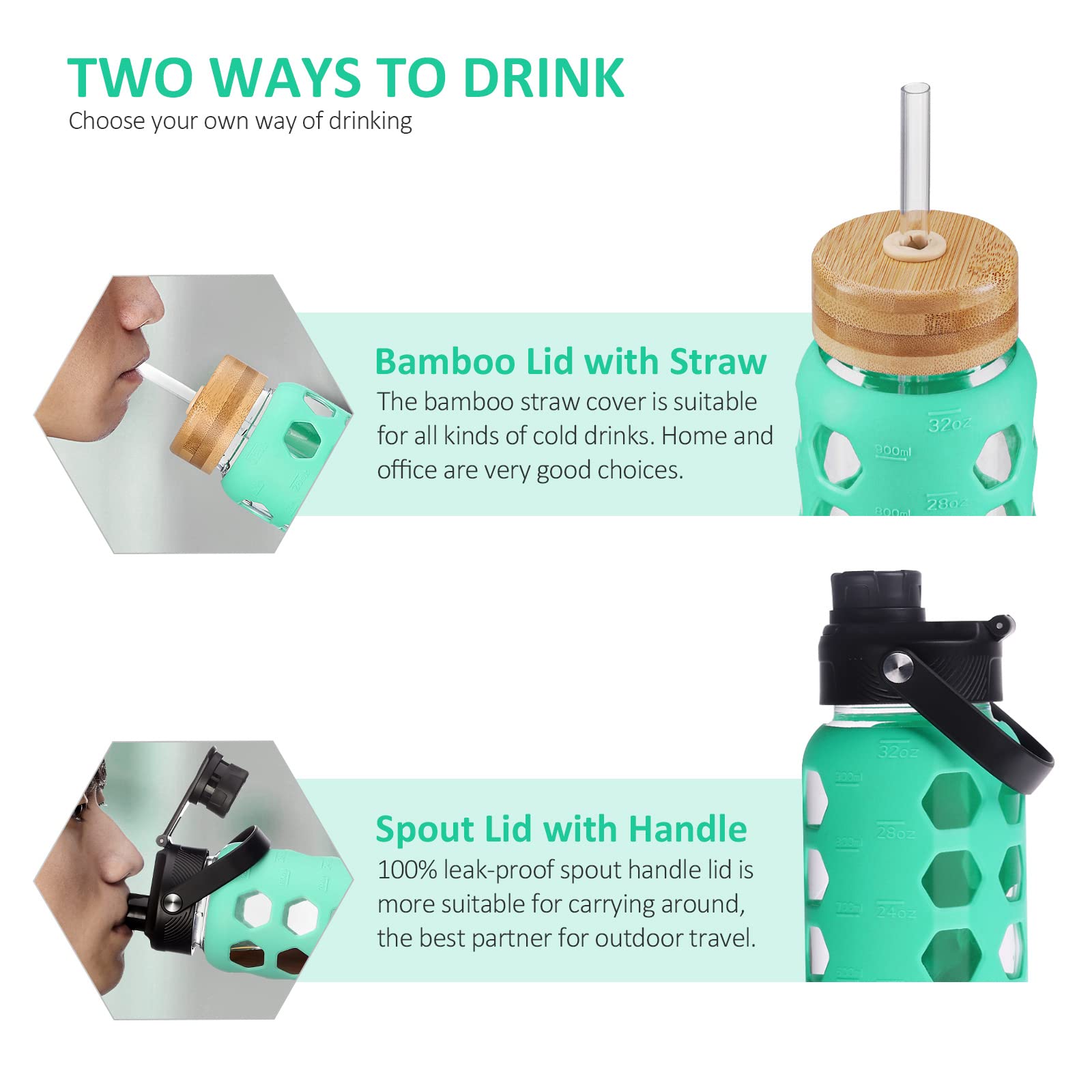 Mukoko 32Oz Glass Water Bottles With 2 Lids-Handle Spout Lid&Bamboo Straw Lid, Motivational Water Tumbler With Time Marker Remin