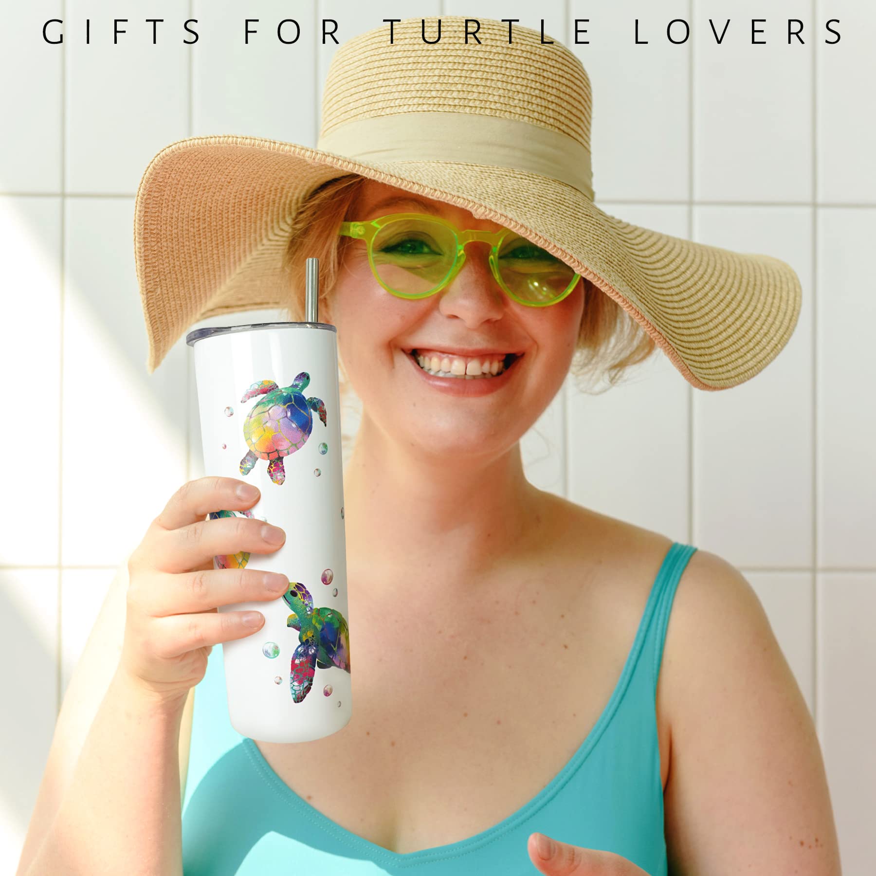 Sea Turtle Gifts - Sea Turtle Tumbler With Lid And Straw - Double Wall Vacuum Stainless Steel 20 Oz Watercolor Ocean Turtle Cup,