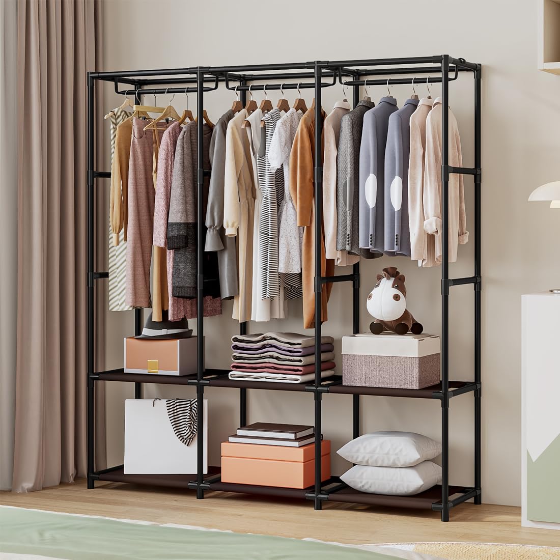 Sorcedas Portable Closet Wardrobe Storage Organizer Metal Hanging Rack Non-Woven Fabric 50 Inch (Coffee)