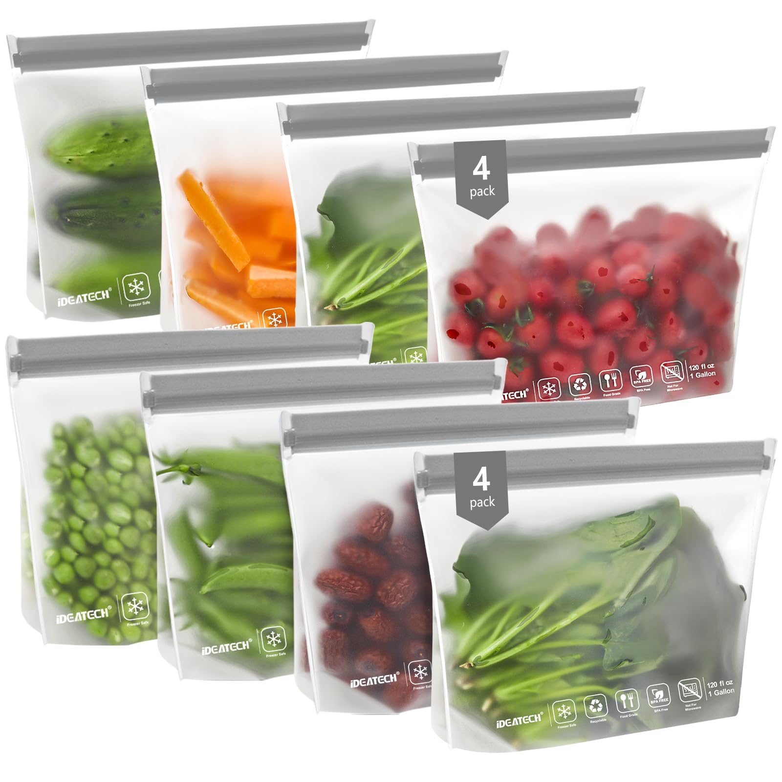 IDEATECH Gallon Freezer Food Containers, BPA Free PEVA Reusable Gallon Bags, Sandwich Bags, Lunch Baggies, Travel Healthy Food (