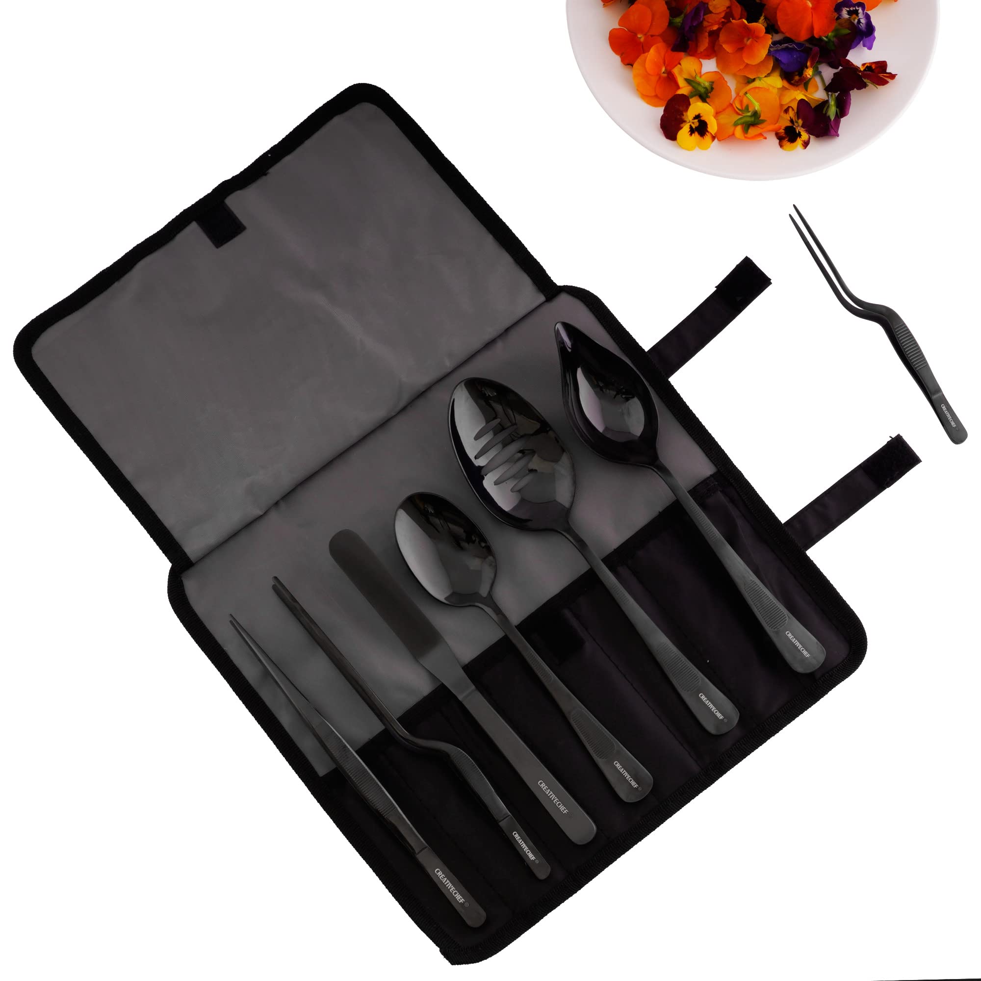 Creativechef 7 Pcs Plating Tools Culinary Set Contains Kitchen Tweezers Spatula Sauce Plating Spoon(Black)