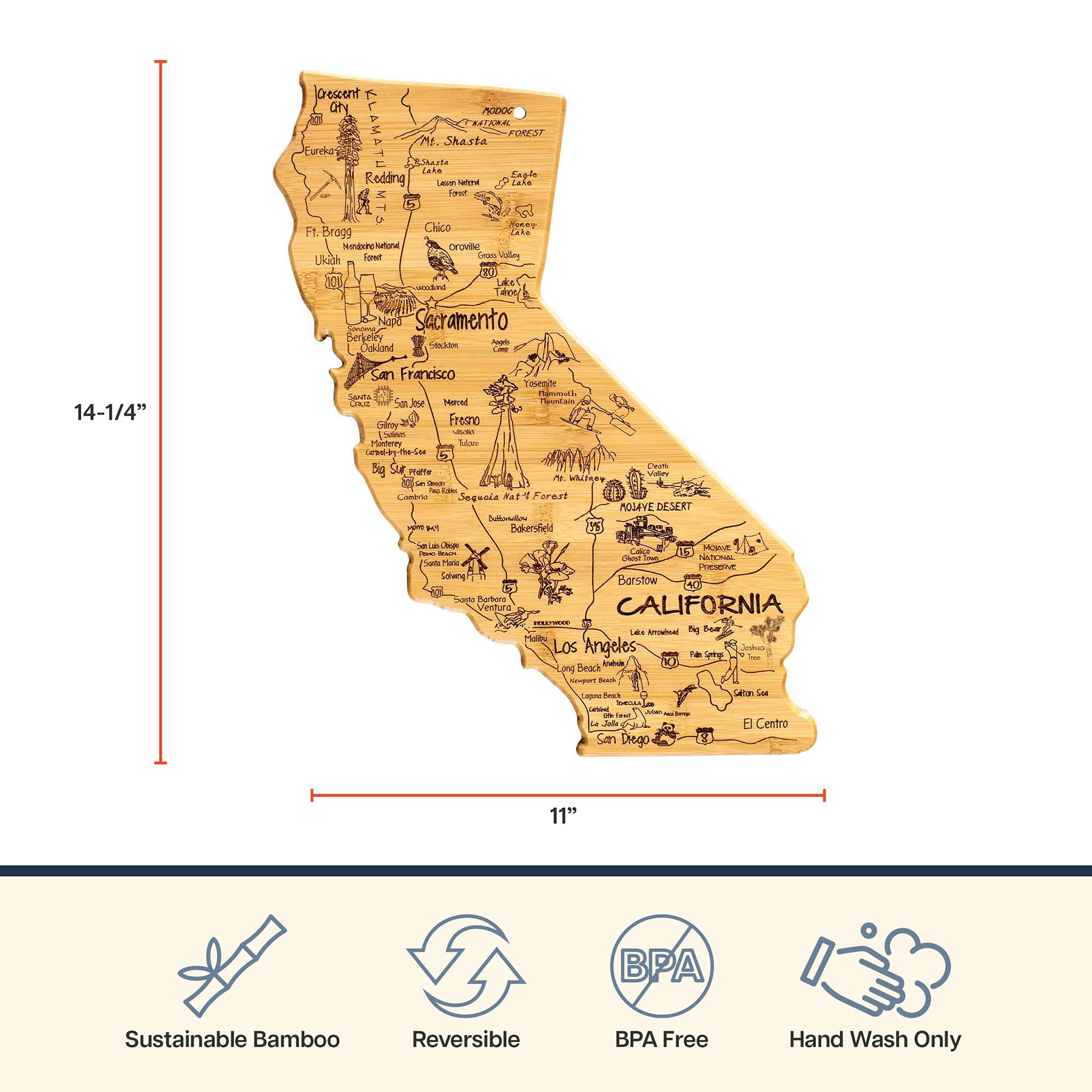 Totally Bamboo Destination California State Shaped Cutting Board, Charcuterie and Cheese Serving Board - California Gift for Hom