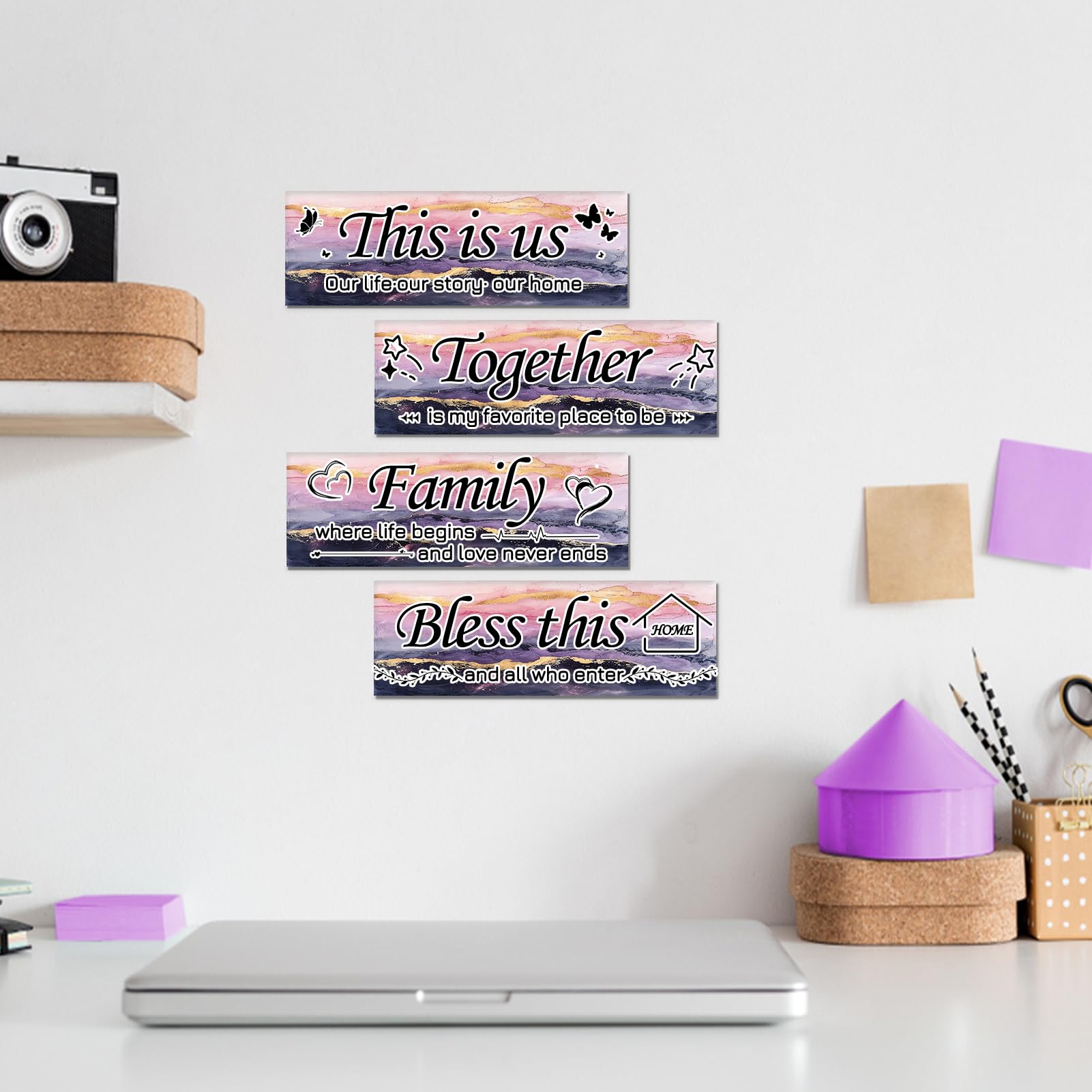 Lnond 4 Pieces Pink Purple Gold Marble Living Room Wall Decor, Motivational Home Family Rustic Wall Art Decor for Bedroom Living