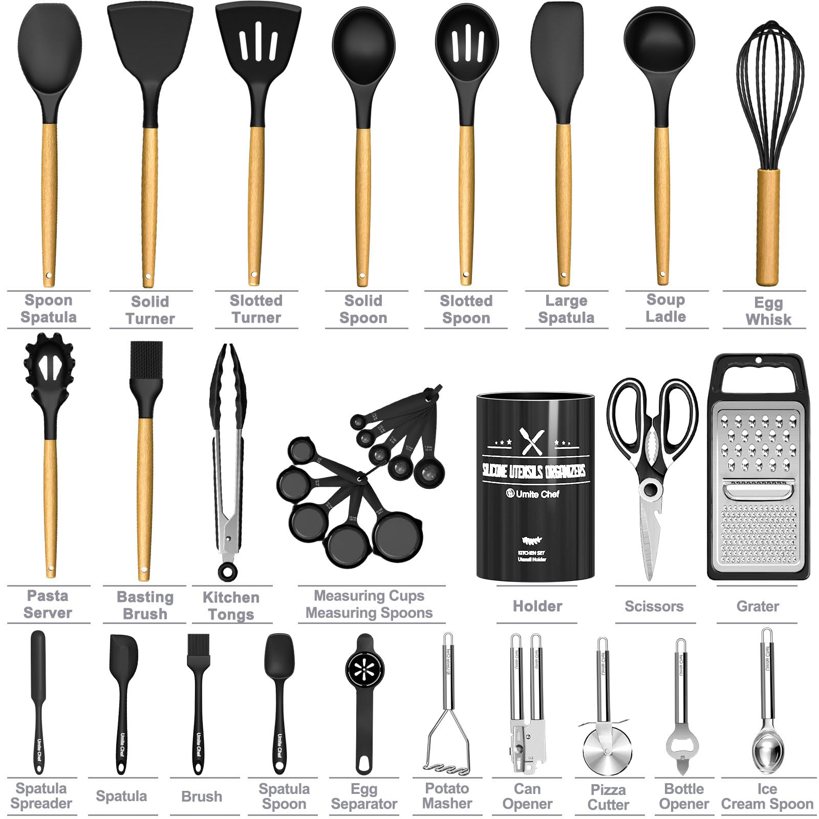 Kitchen Utensils Set- 34Pcs Silicone Cooking Utensils With Holder, Umite Chef Heat Resistant Kitchen Utensil Spatula Set For Non