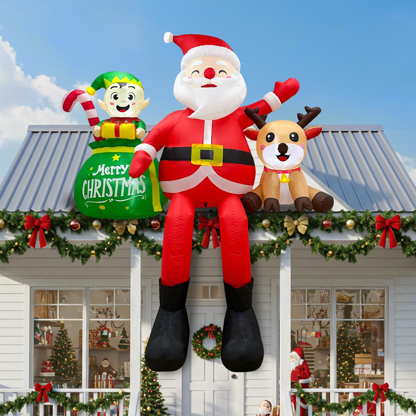 Fayavoo 8FT Christmas Inflatables Outdoor Decorations, Climbing Santa Claus Inflatable Xmas Decor with Elf & Reindeer Built-in L